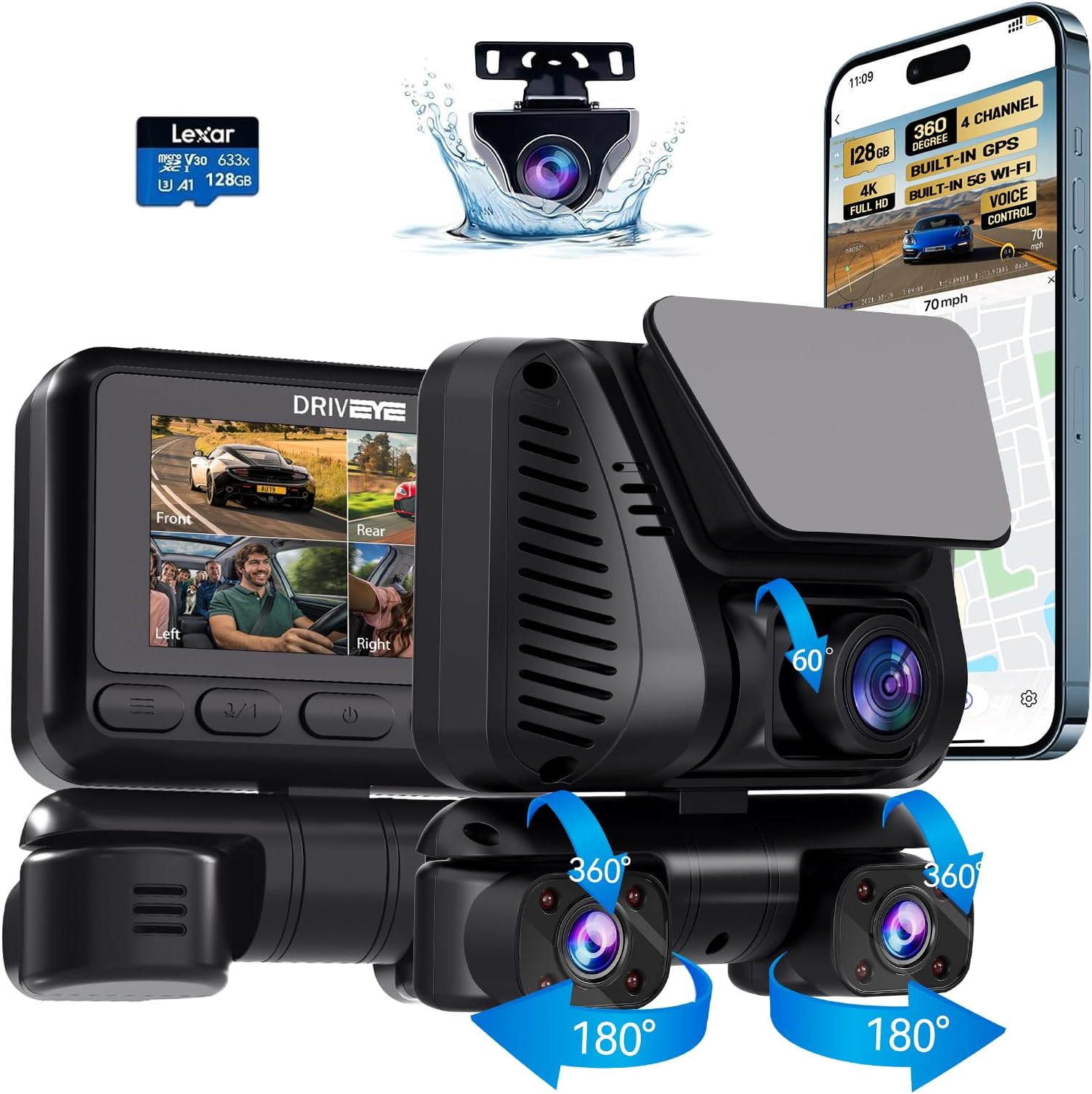 Dash Cam 4 Channel 360° View,4K Front and Rear Dash Camera for Cars,Built-in 5GHz Wi-Fi GPS, Voice Control, Free 128G Card,Night Vision, Light Filter,24H Parking Mode,G-Sensor