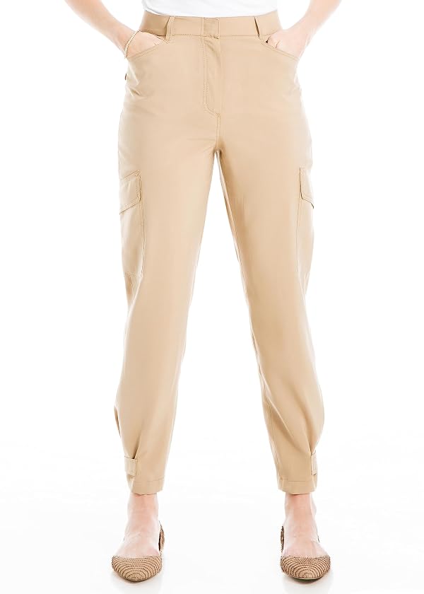 Max Studio Women's Peachskin Pant with Flap Pockets, Khaki, 10 by Max Studio - Used condition - US$9.58