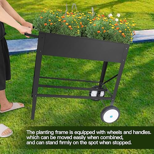 Miniatura 3 de Carrito de cama de jardín elevado de metal con patas y ruedas más grandes, caja de maceta alta elevada con estante inferior para exteriores,