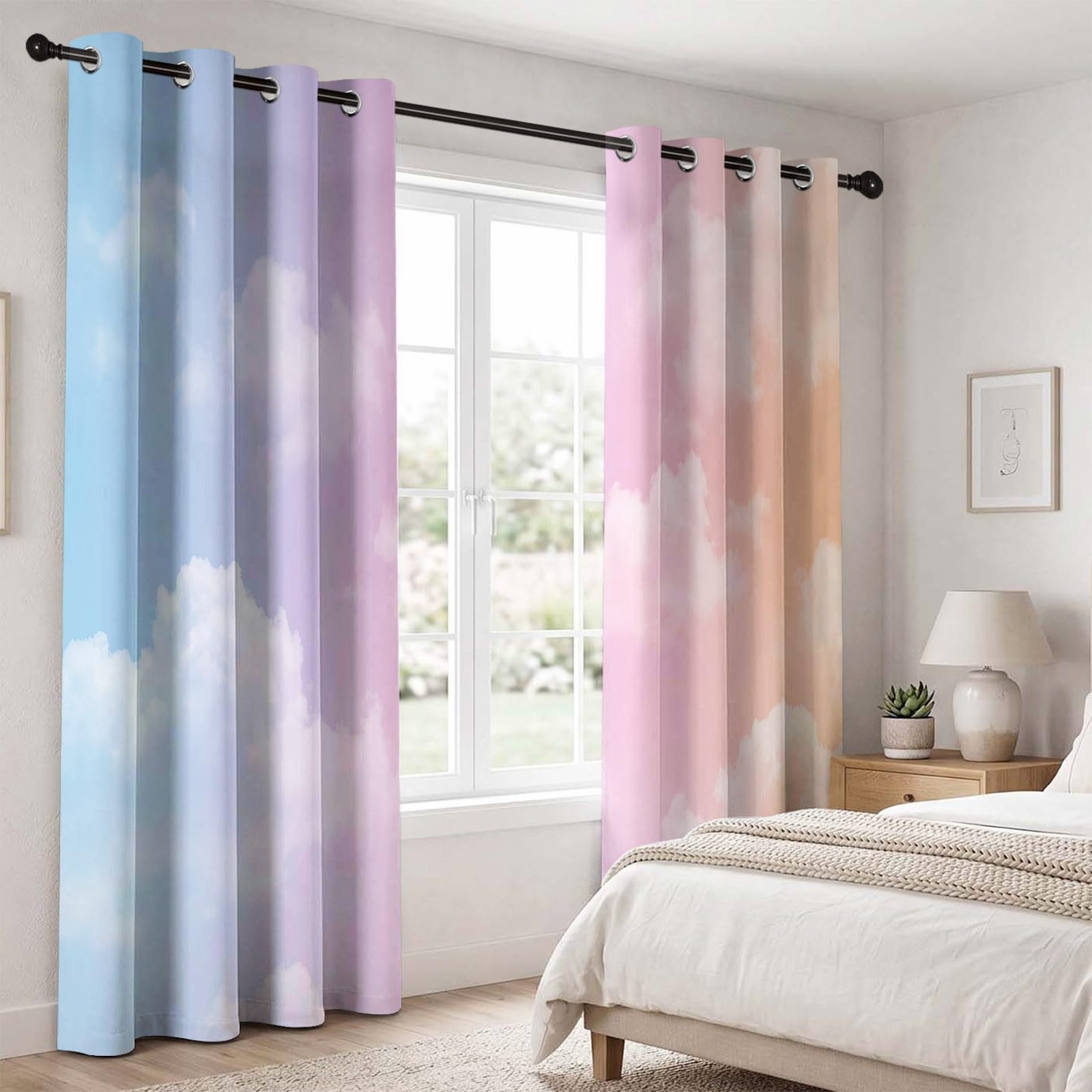 Générique Rideau Occultant 110 X 215 cm (LxH), Rideaux Motif Ciel Nuages, Rideau Thermique Isolant à Oeillets, Mignon Onirique Rideaux Fenetre Imprimé pour Salon Chambre Décoration, Lot de 2