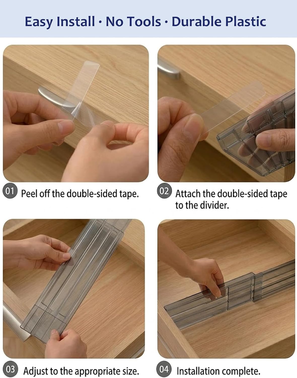 Adjustable Drawer Dividers 5 Pack, 3.15" Deep Expanding Shallow Drawer Organizer with Non-Slip Adhesive Pads, Smoke Tinted Plastic Separators for Dresser Socks Underwear Makeup Kitchen