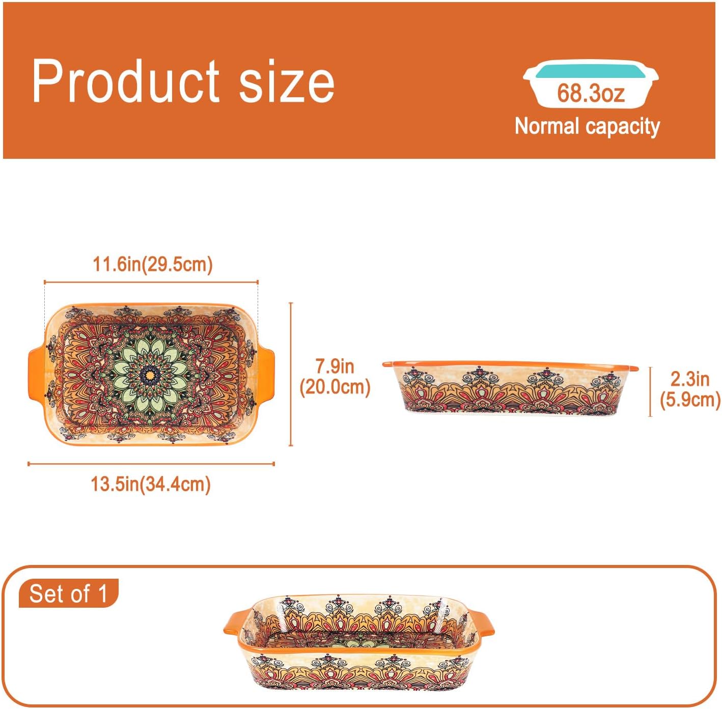 Ceramic Double-Handled Square Baking Pan: 58.1oz ceramic baking pan with bohemian-style print, double handle design, suitable for baking, restaurant use, etc. (red, square)