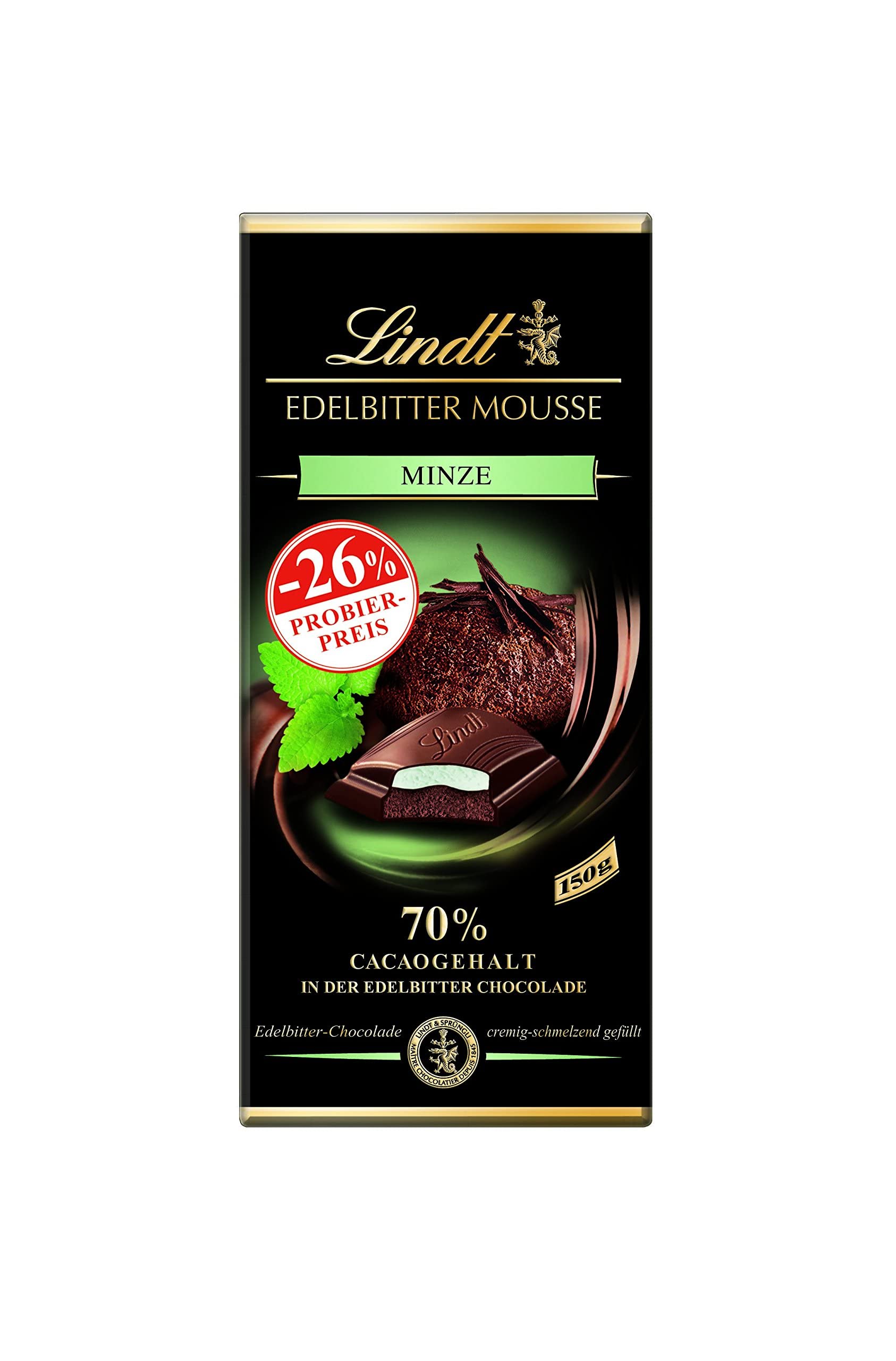 Lindt Schokolade Edelbitter Mousse Minze, Promotion | 13 x 150 g Tafel | Mit 70 % Kakaogehalt und dunkler Mousse au Chocolat und Minze Füllung | Schokoladentafel | Schokoladengeschenk