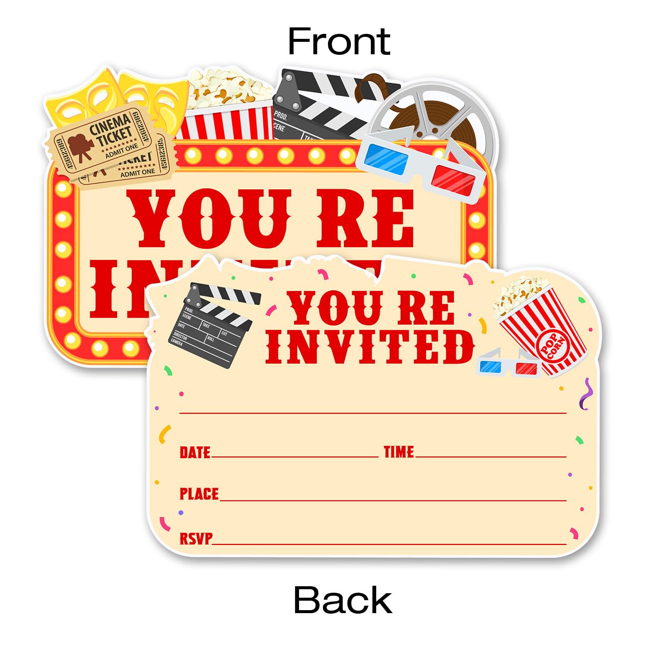 QYCFDXD Movie Theme Party Invitations with Envelopes, 20 Set Movie Shaped Invitations Birthday Baby Shower Party Invites Supplies Favors, Double-Sided