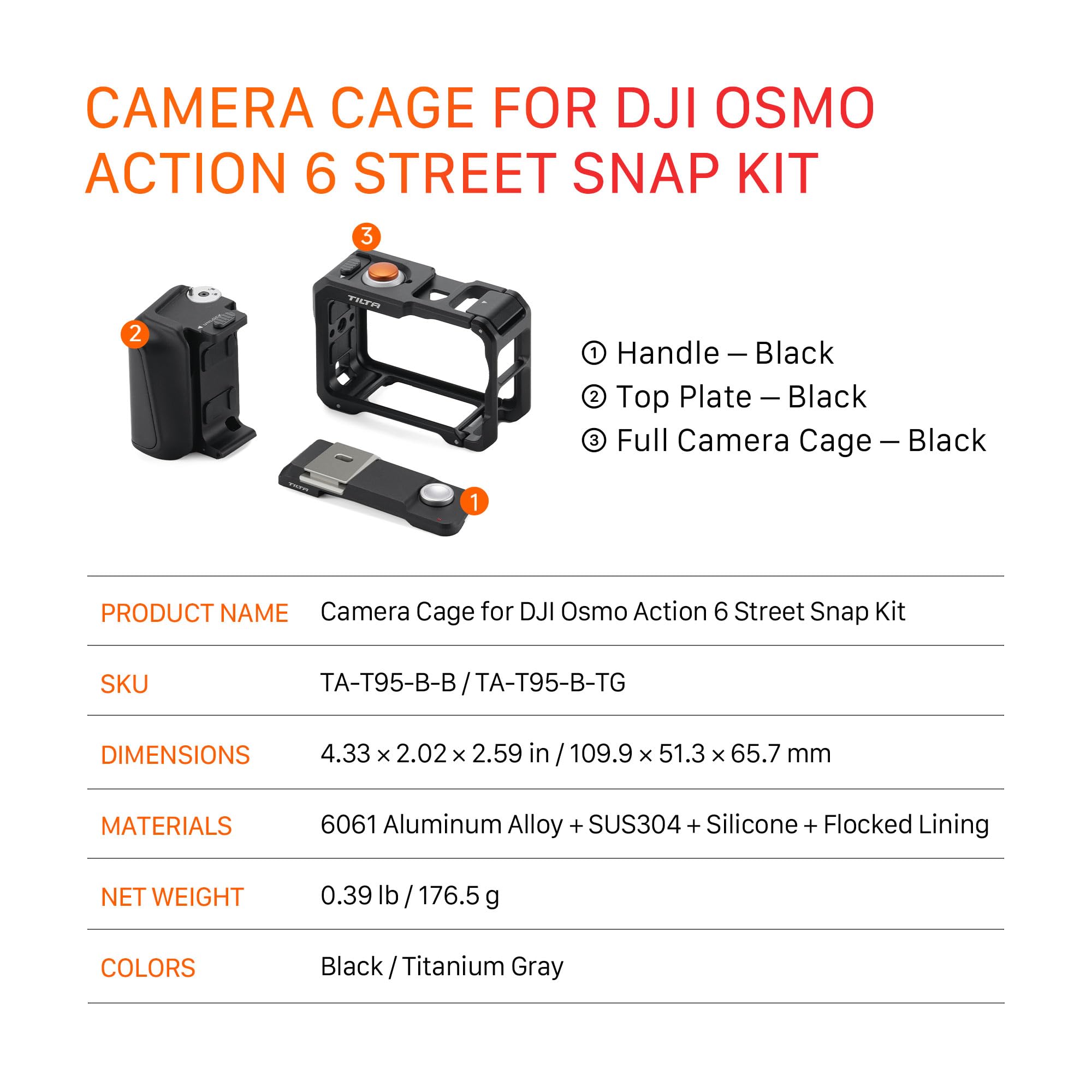 Tilta DJI Osmo Action 6 Street Snap Kit | Jaula completa para cámara y agarre de mano de liberación rápida | Almacenamiento de batería integrado, esfera de bloqueo y tapas de botón personalizadas |