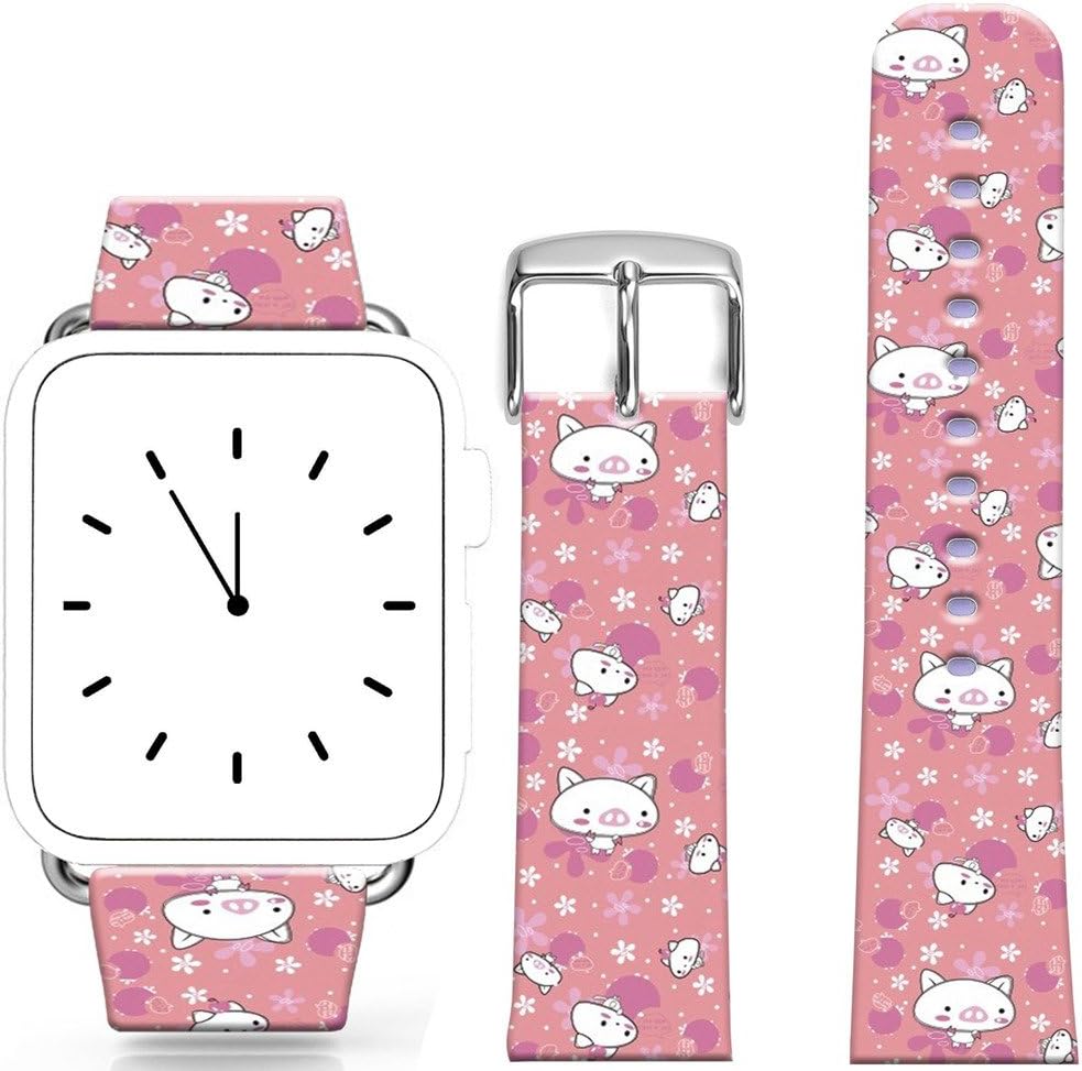 Band for Watch 38mm Series 1/2/3 / Topgraph Compatible Replacement Leather Strap for Watch Kawaii Little White Pigs and Flowers (with Metal Clasp Together)