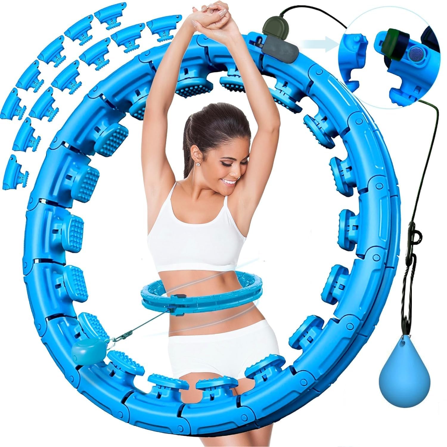 bbd kitchen shop Smart Weighted Hula Hoop, Adjustable Fitness Exercise Weighted Hula Hoop - 27 Detachable Knots/Link (Sea Blue) (Pink)-picture-29