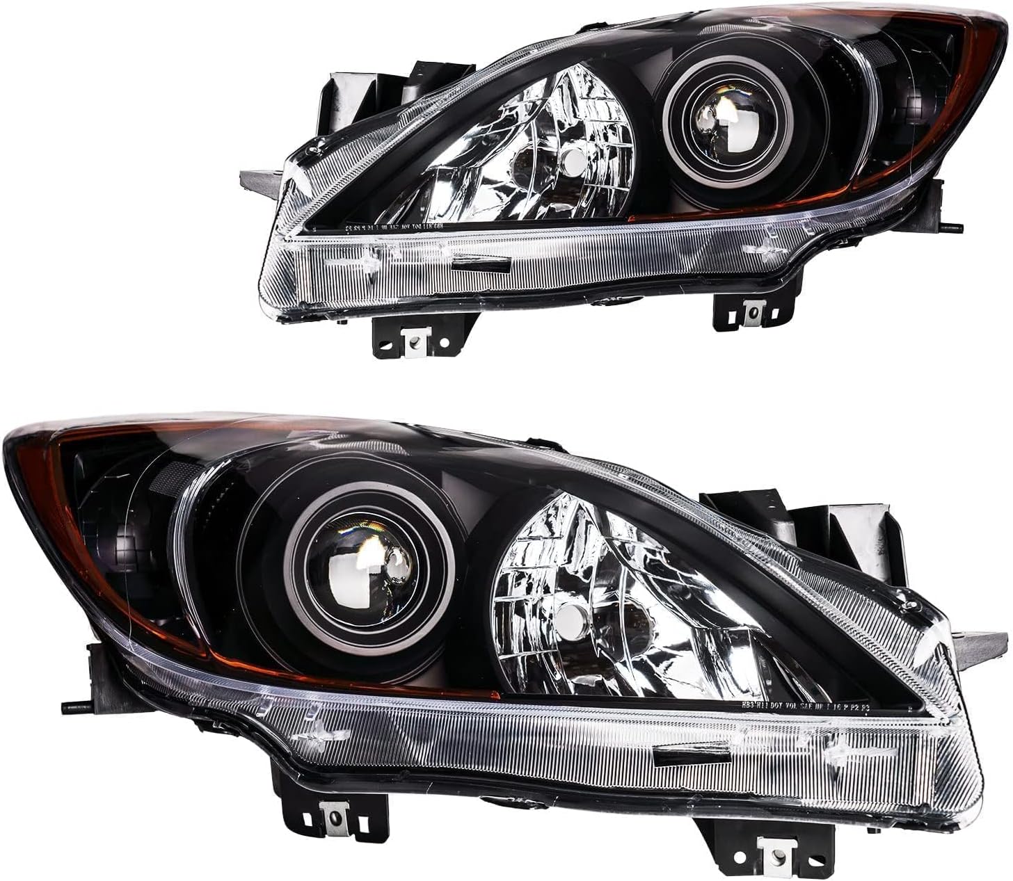 PHILTOP Headlight Assembly for 2010 2011 2012 2013 Mazda 3, Black Housing Clear Lens Clear Reflector, Halogen Headlamp OE Replacement Driver and Passenger Side Pair