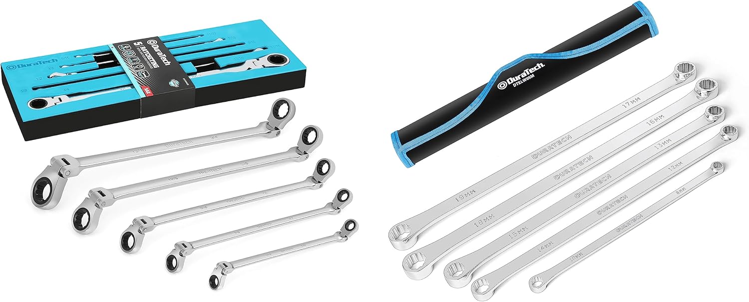 DURATECH 5-Piece Extra Long Flex-Head Ratcheting Wrench Set & 5-Piece Extra Long Box End Wrench Set, CR-V Steel