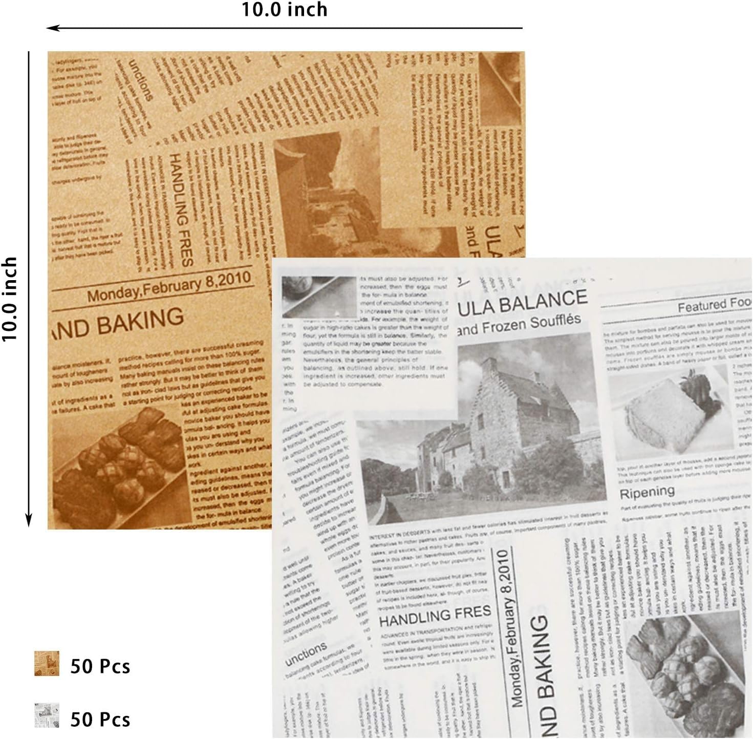 100Pcs Basket Liners Food Picnic Deli Wax Paper Sheets for Food, 10 x 10 Inch, Stick Baking Paper Newspaper Printing Design Food Wrapping Paper (100 sheets)…