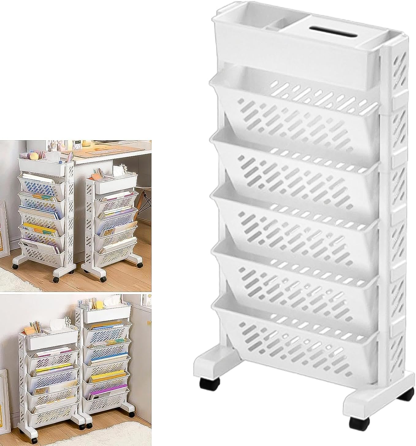 Movable Bookshelf, Large Capacity Rotatable Plastic Rolling Organization Shelf/Rack