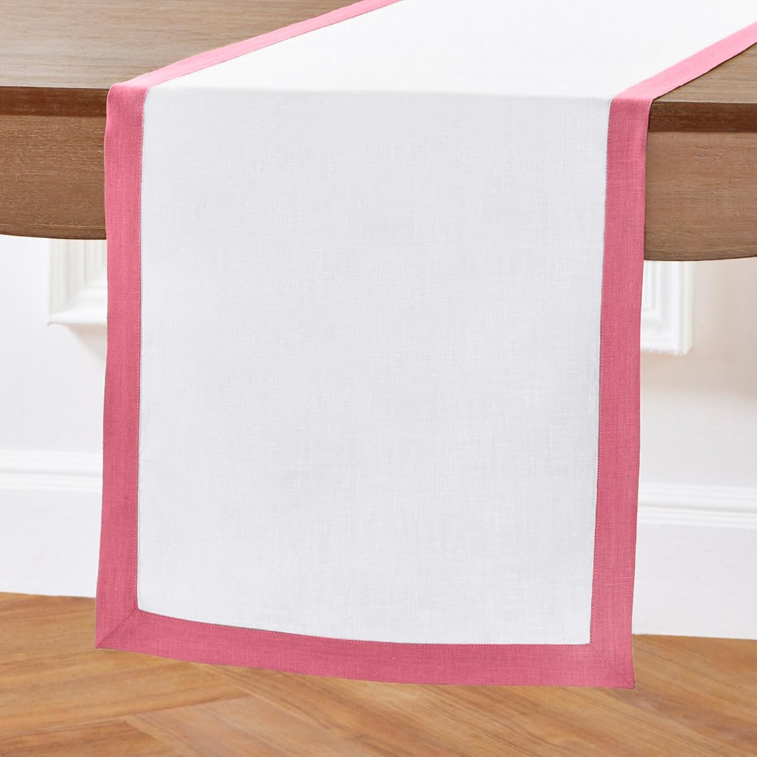 solino home linen table runner 36 inches - 100% pure linen pink carnation and white short table runner 14 x 36 inch ideal for dresser and coffee tables - spring, easter, mothers day - classic pink carnation & white 14 x 36 inch