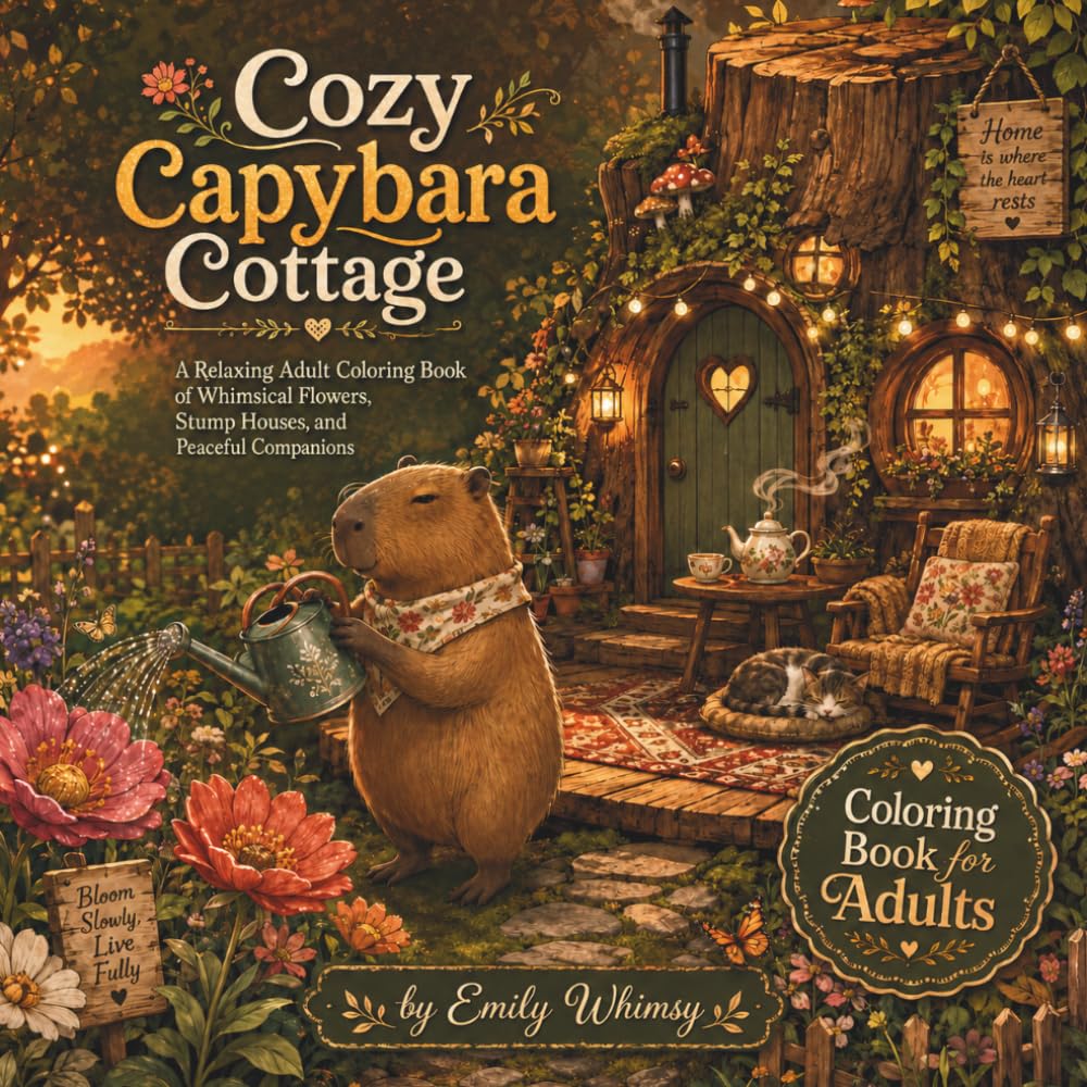 Cozy Capybara Cottage: A Relaxing Adult Coloring Book of Whimsical Flowers, Stump Houses, and Peaceful Companions