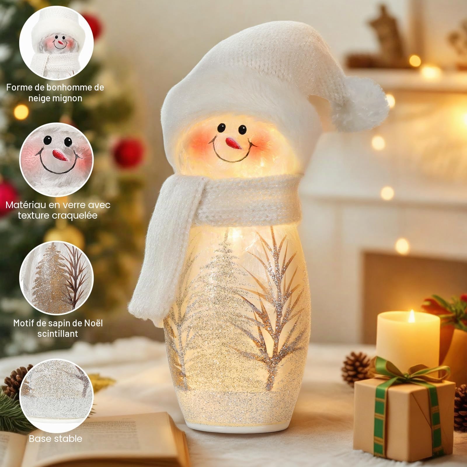 Lewondr 2PCS Décorations De Table De Noël, 9,45" Figurines De Bonhommes De Neige Lumineuses, Bonhommes De Neige en Verre Craquelé De Noël avec Écharpes Et Bonnets Tricotés pour La Maison