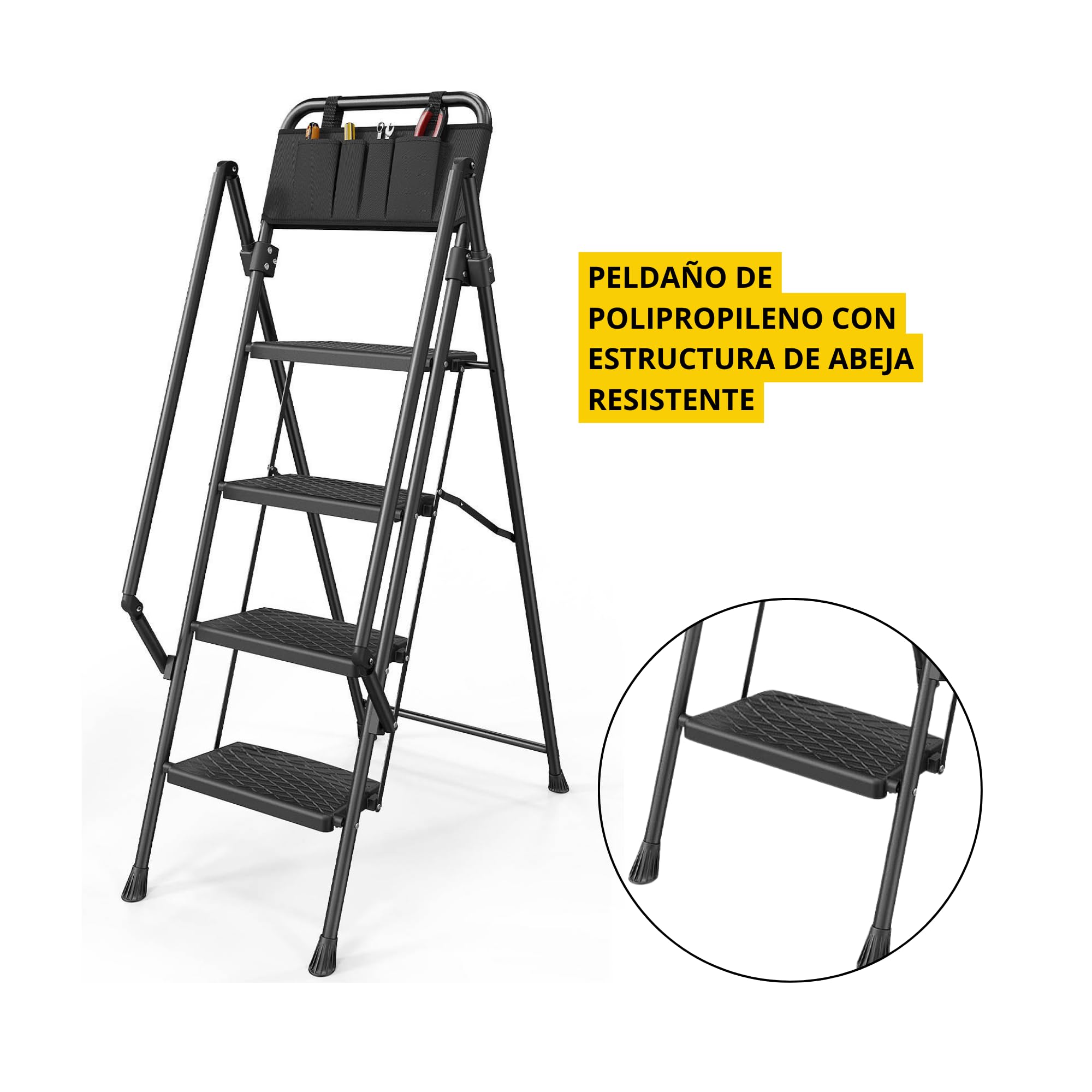 Homelux P19263 Escalera Plegable 4 Peldaños Anchos con Pasamanos – Peldaños de Polipropileno Antideslizantes con Estructura de Abeja – Escalera Hogar Segura y Compacta
