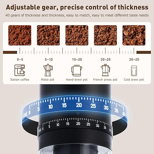 Miniatura 2 de Molinillo de café eléctrico portátil con 40 ajustes ajustables, molinillo de café con rebabas cónicas, máquina de moler de granos de café con