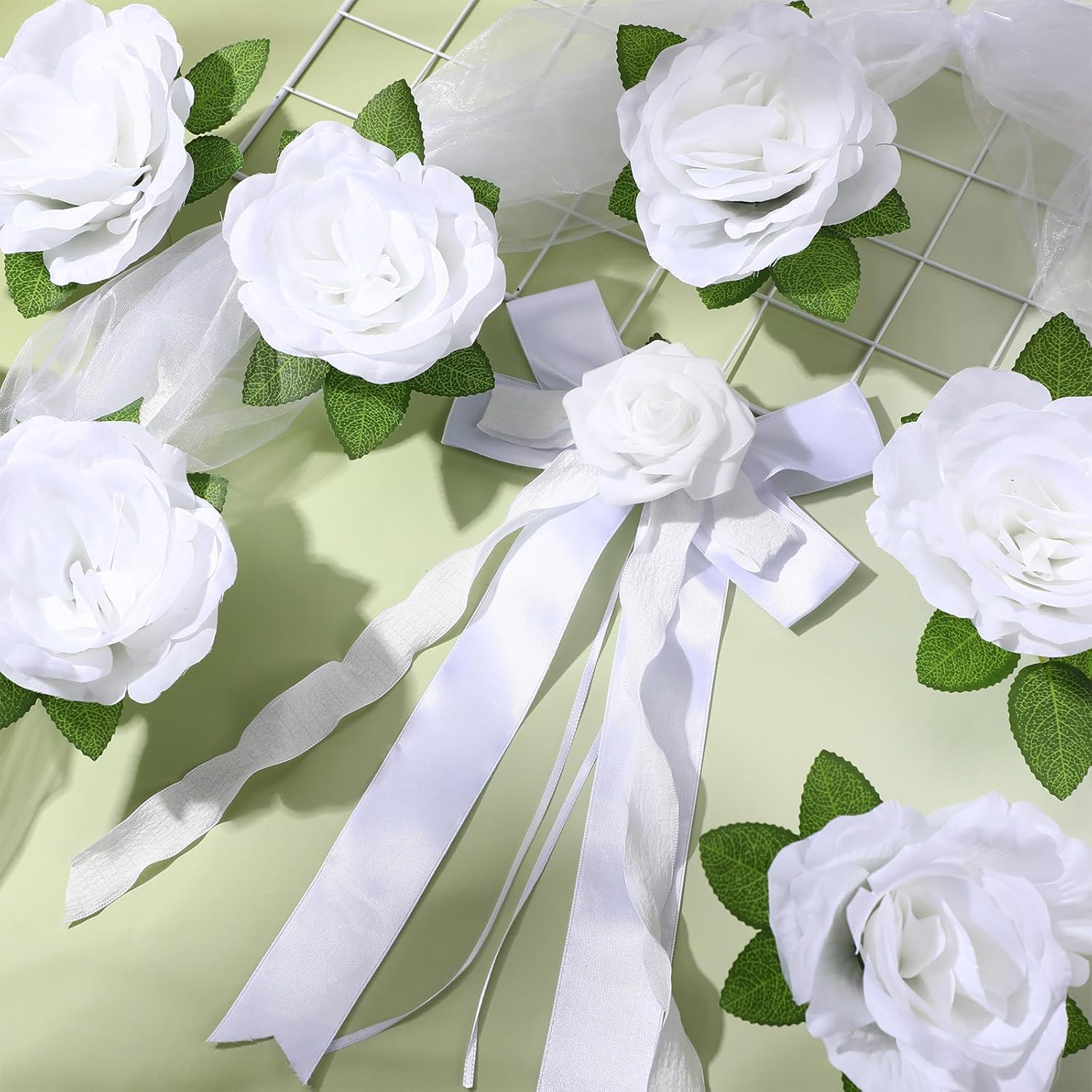 Suncalla Just Married Car Decorations Wedding Car Door Handle Flowers White Artificial Flowers Bouquet Ribbon Set Elegant Wedding Party Decorations for Vehicle Hood Door Handles and Rearview Mirrors