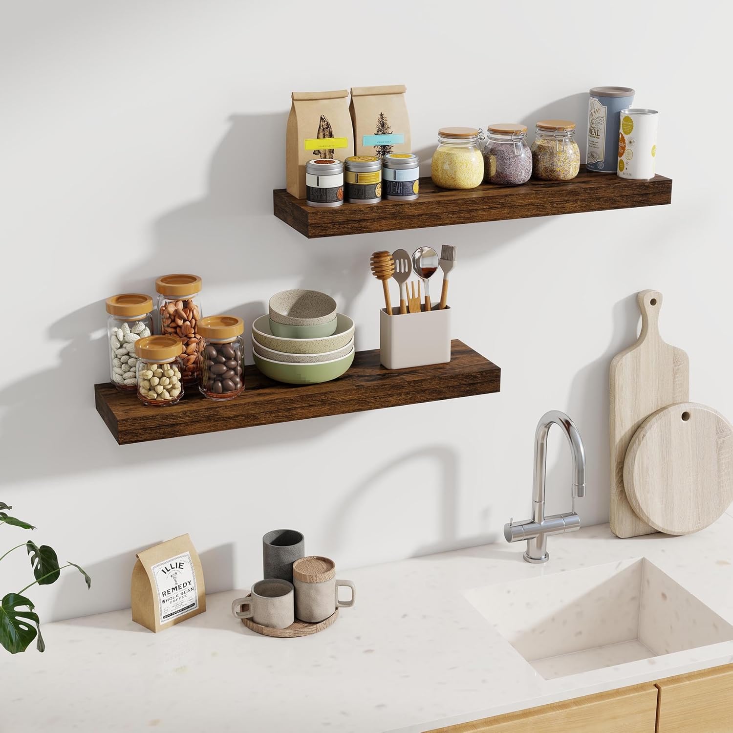 Fun Memories 30Inch Floating Shelves for Wall, 2 Pack Rustic Wood Shelves for Bathroom|Kitchen Wall Mounted Floating Shelf with Invisible Brackets for Books|Storage|Decor, Brown