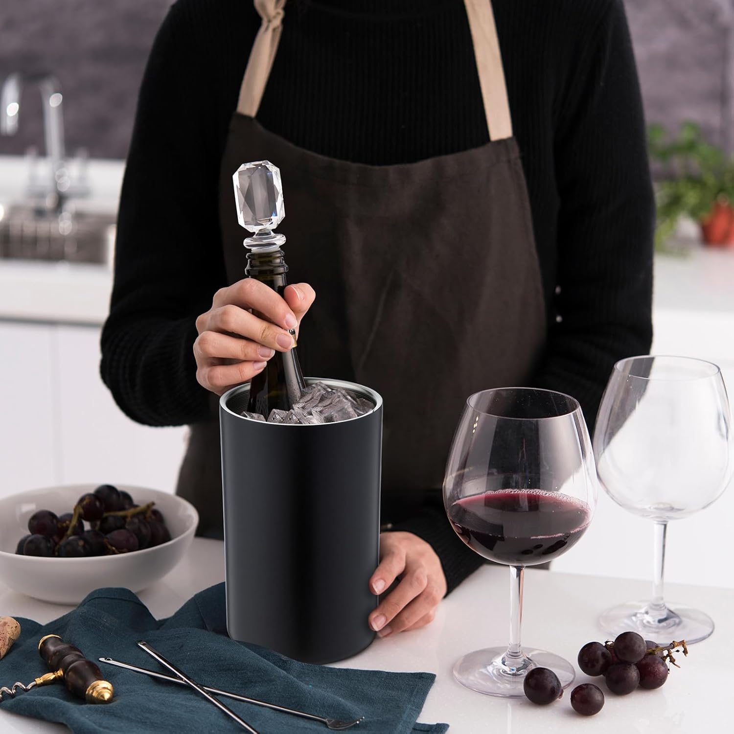 6 Pack Wine Chiller Bucket Wine Bottles Cooler Bulk, Stainless Steel Double Wall Insulated Champagne Ice Bucket for Parties,Fits for 750 ml Bottles(Black)