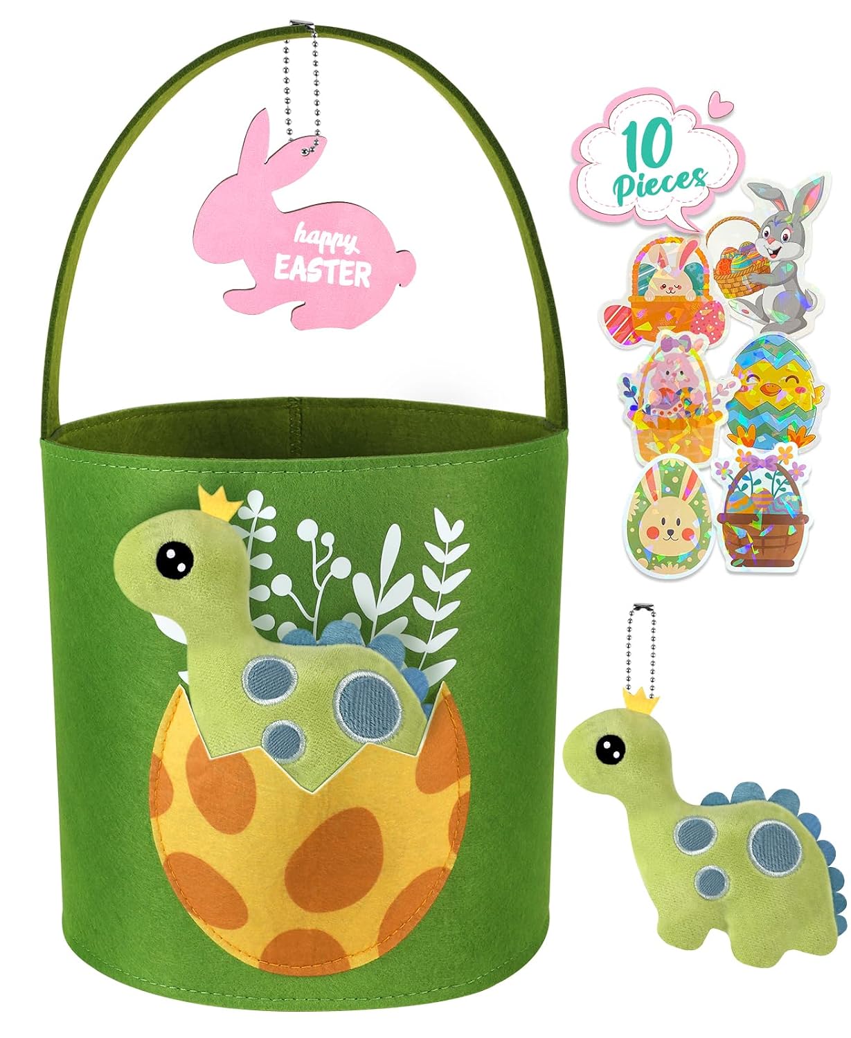Swooflia Dinosaur Easter Basket for Kids - Personalized Large Felt Bags Includes One Small Plush Doll My First Cute Tote Bucket Name Tag Easter Egg Hunts, Gift for Girls Boys Toddler Baby