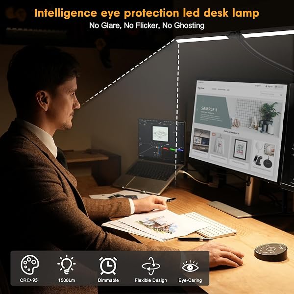Led Desk Lamp for Office Home - Eye Caring Architect lamp with Clamp,Dual Screen Computer Monitor Work Smart Light: 24W 5 Color Flexible Adjustable Lighting Table Lamp for Study Drafting - 4