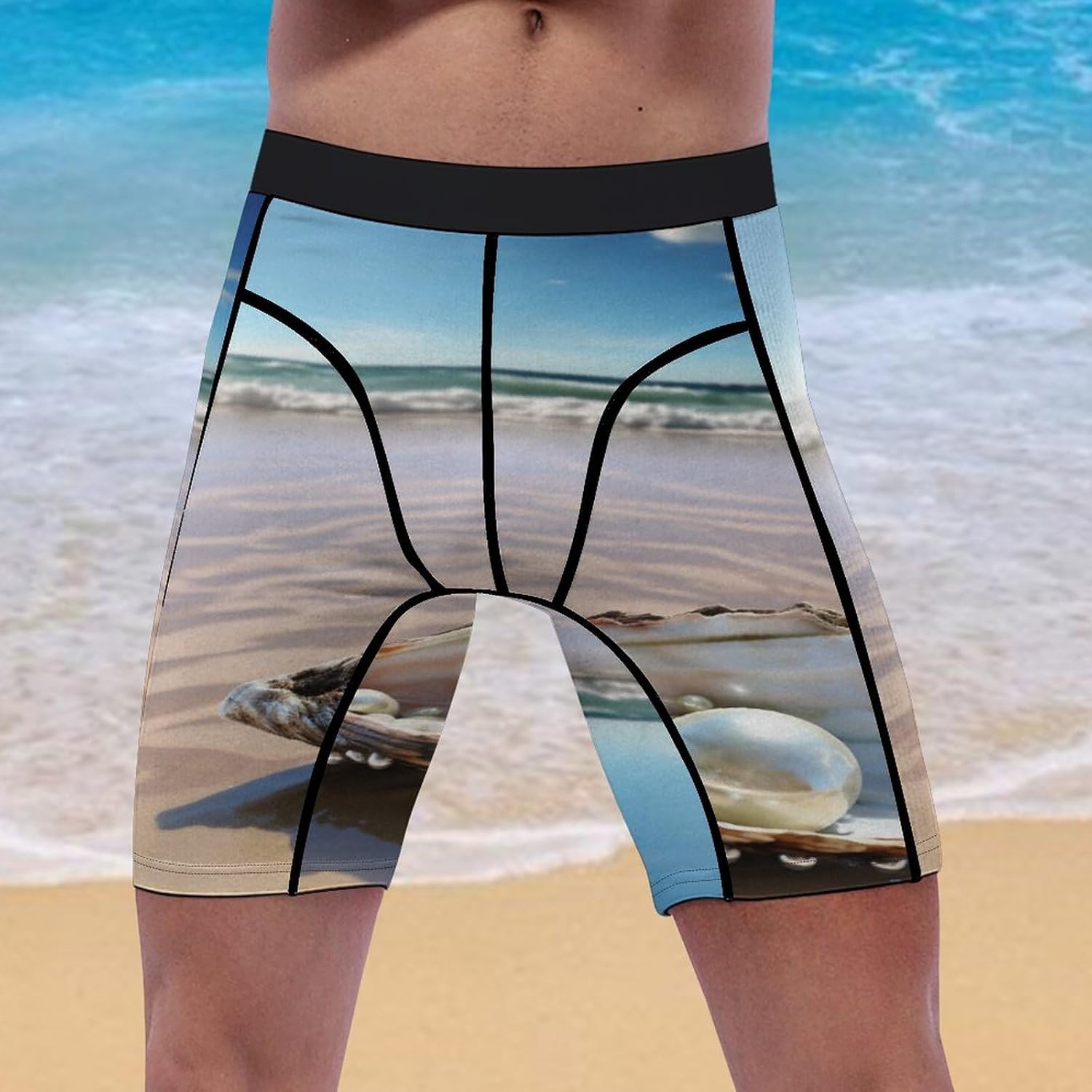 Ocean Beach Mussel Pearl Compression Shorts Men Spandex Sport Shorts Workout Performance Baselayer Underwear