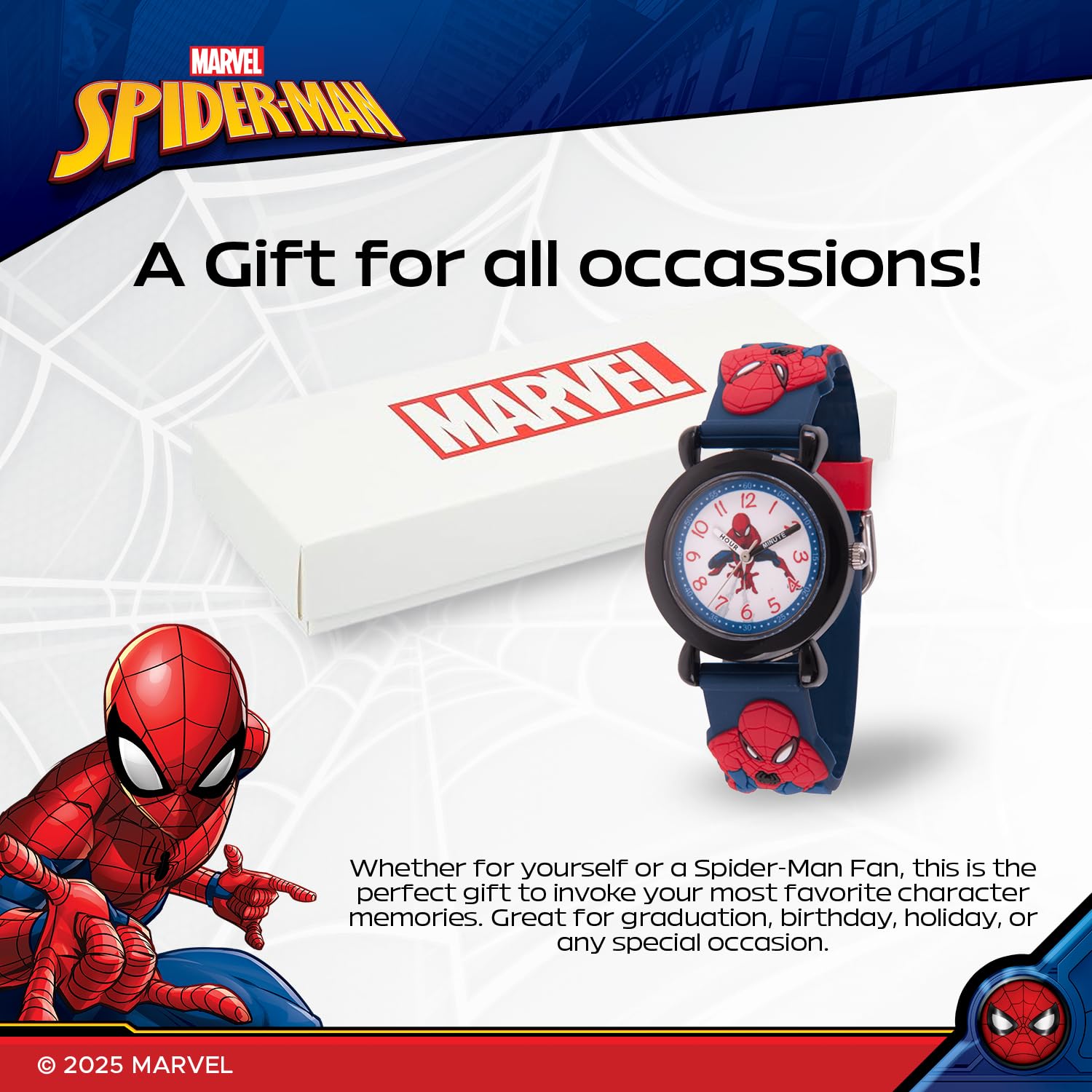 Marvel Spider-Man - Orologio analogico al quarzo con cinturino 3D per insegnare l'ora ai bambini, Nero, blu navy, Spider Man - Orologi in plastica 1, cassa nera, cinturino in plastica blu