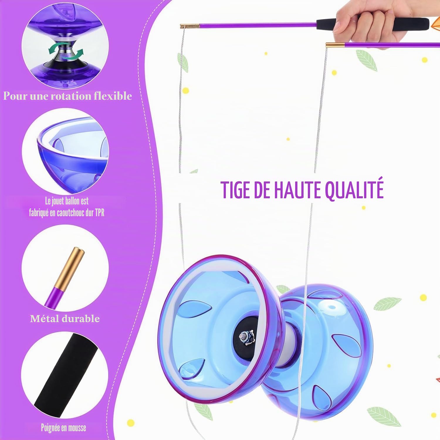 Diabolo LED avec roulement à billes - Kit diabolo - Glow in the Dark - 4 couleurs de lumière - Pour enfants, adultes, débutants, professionnels, cirque, jonglerie (violet)