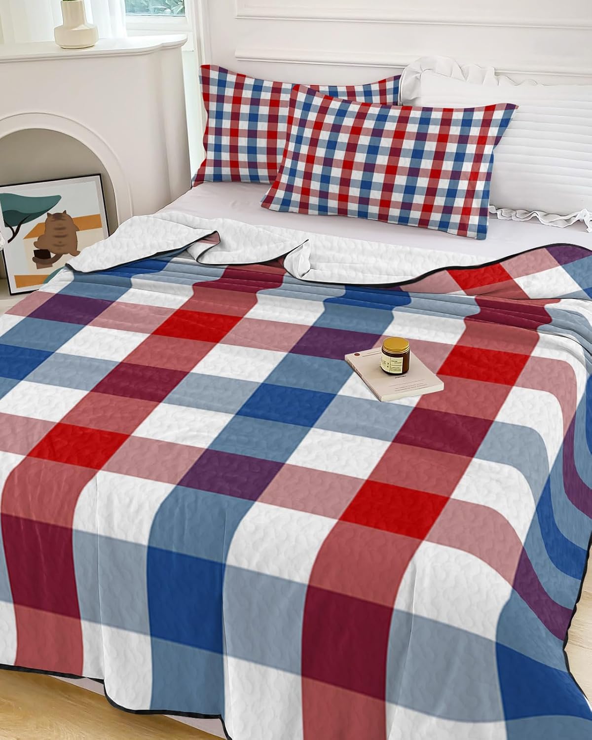 Queen Size Quilt Set, Vintage Red Blue White Checker Lightweight Bedspread Coverlet Set Soft Microfiber Summer Quilt with 2 Pillow Shams, Independence Day 3 Piece Comforter Bedding Set