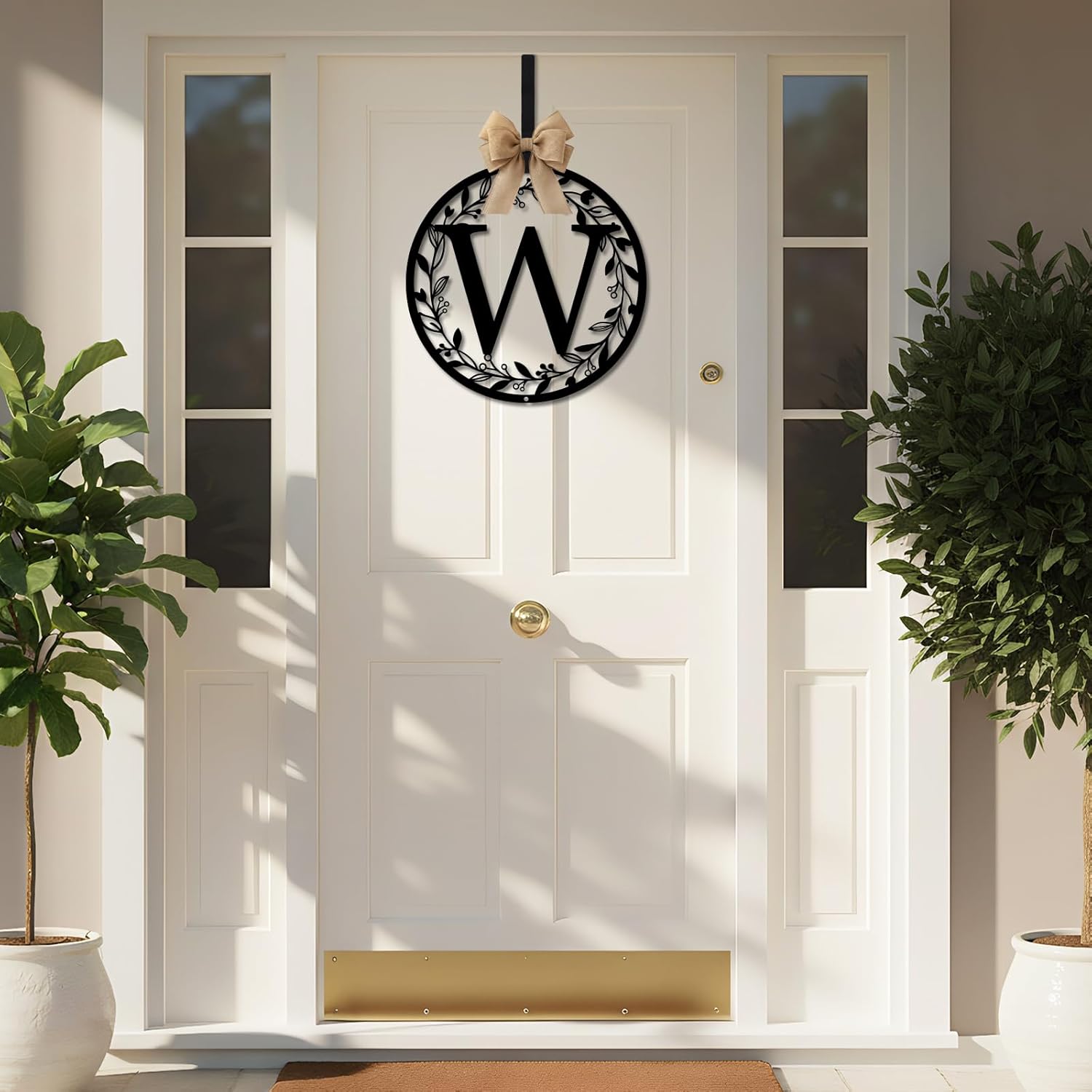 Wreath Monogram Metal Letter W Door Hanger, Welcome Sign for Front Door, Letter W Monogram Wall Decor, Elegant Metal Initial W Wall Art for Anniversary, Wedding, Housewarming Gift