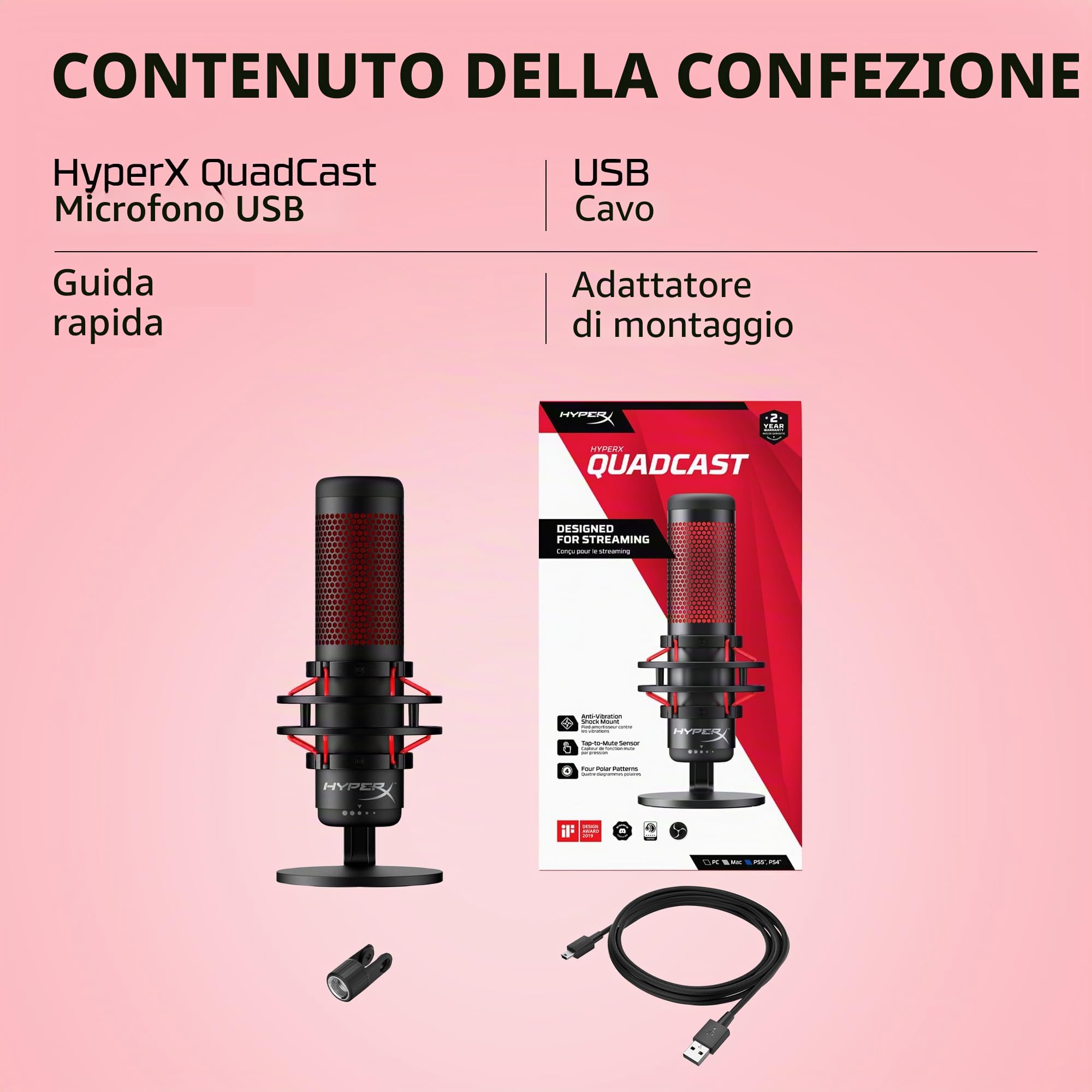 HyperX QuadCast, Microfono da Gaming, USB a condensatore, Anti-Vibrazione, FiltroPop, Indicatore LED, Sensore Tap-To-Mute, Jack Audio, Streaming, Discord, TeamSpeack, per PC, PS5, PS4, Mac, Rosso/Nero