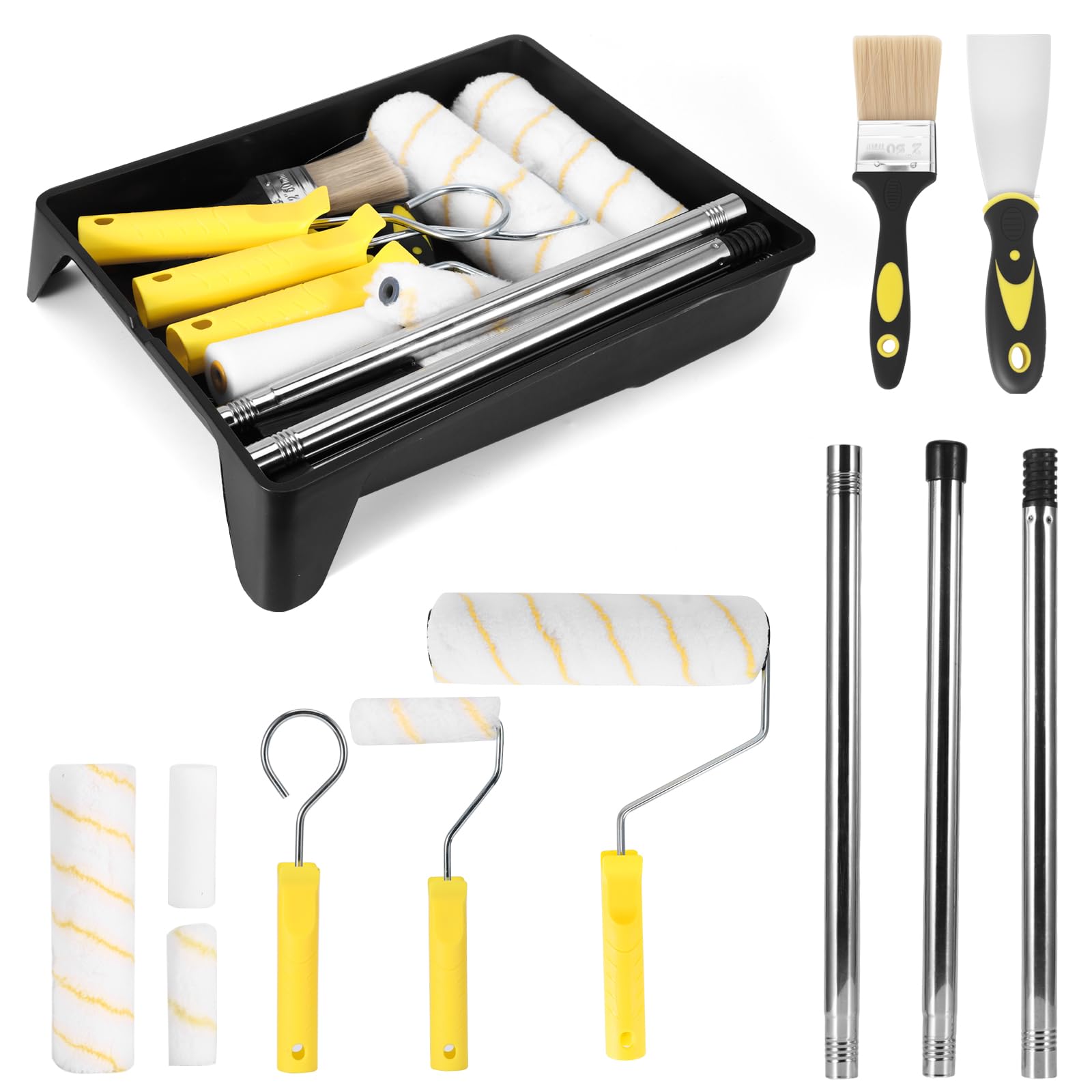 Lot de 15 rouleaux de peinture de 22,9 cm avec manche d'extension, comprend un plateau de peinture, un pinceau, des rouleaux, un mélangeur de peinture, un grattoir pour peinture pour murs et plafonds