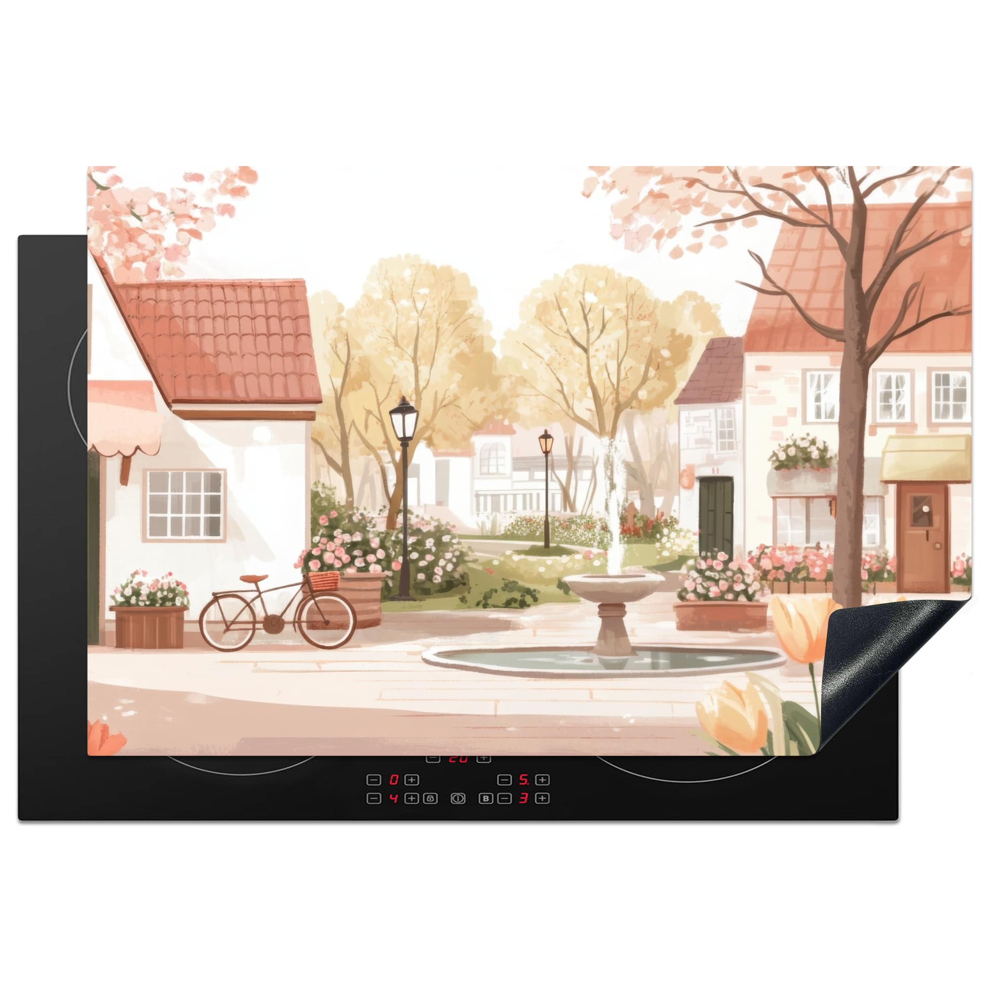 KitchenYeah© Induction Hob Protector Mat 20.1"x30.3" / 77x51 cm Cooker Top Protectors Cover Ceramic Covers Electric Hobs Vinyl Village Square - Fountain - Tulips