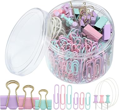 350 Pcs Macaron Paper Clips with Binderclips Rubber Bands Push Pins