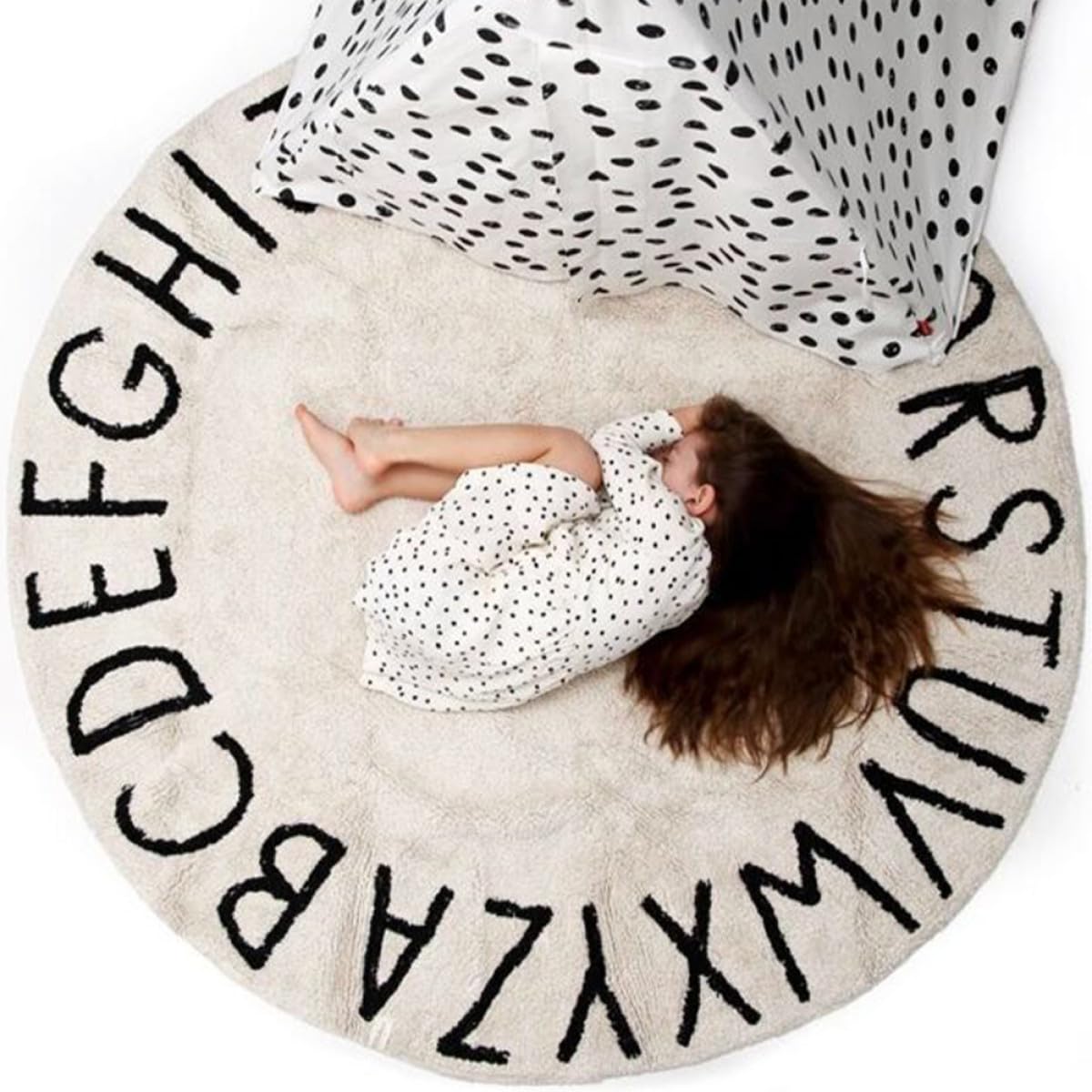 UKCOCO Runder Kinderteppich 80x80cm aus Baumwolle rutschfeste Bodenmatte mit Weißen Buchstaben Weiche Fußmatte für Kinderzimmer und Wohnzimmer