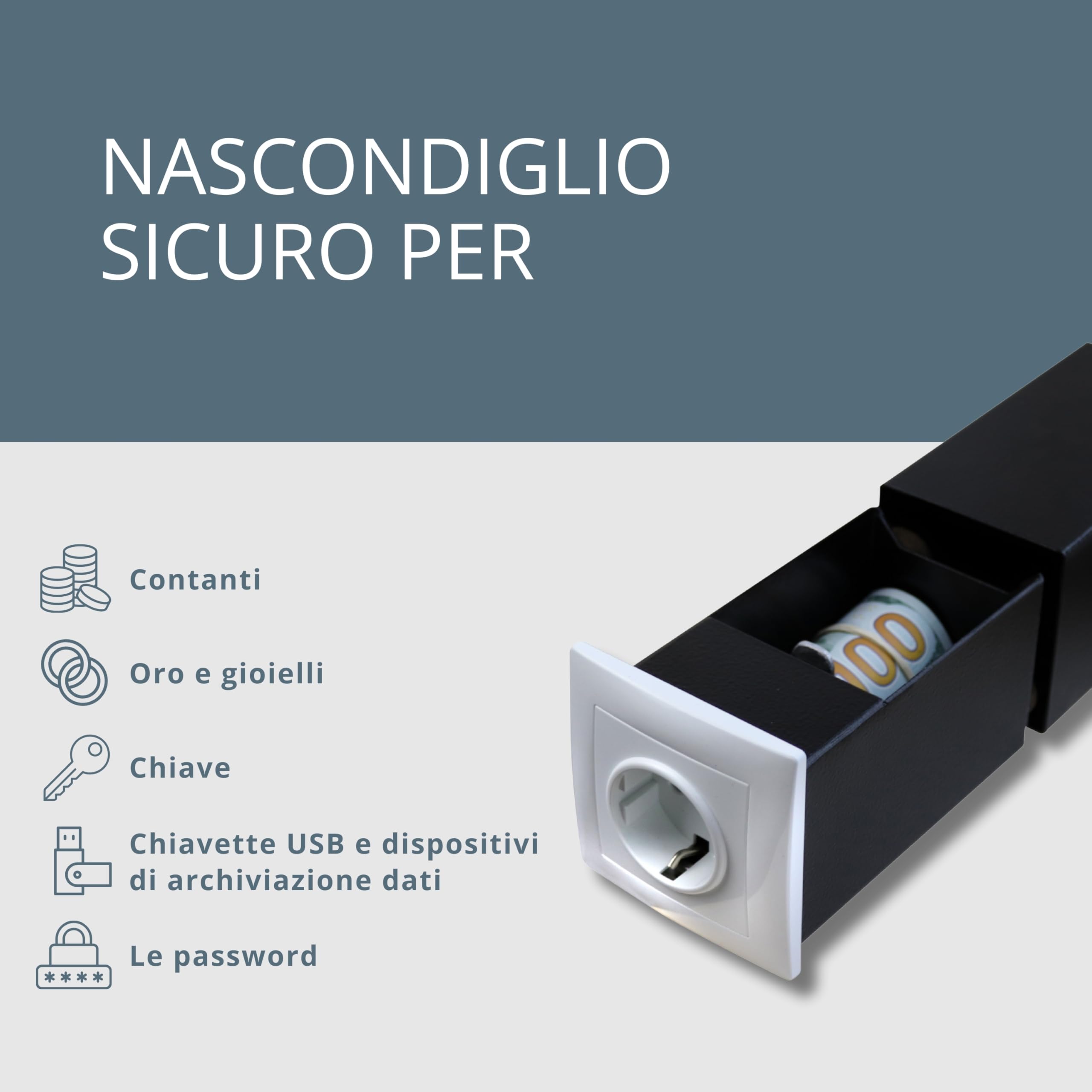 Cassaforte con presa fittizia - Con 1 presa fittizia - Apertura magnetica e serratura speciale - Cassaforte da parete per un riposto invisibile - Scomparto segreto per i soldi