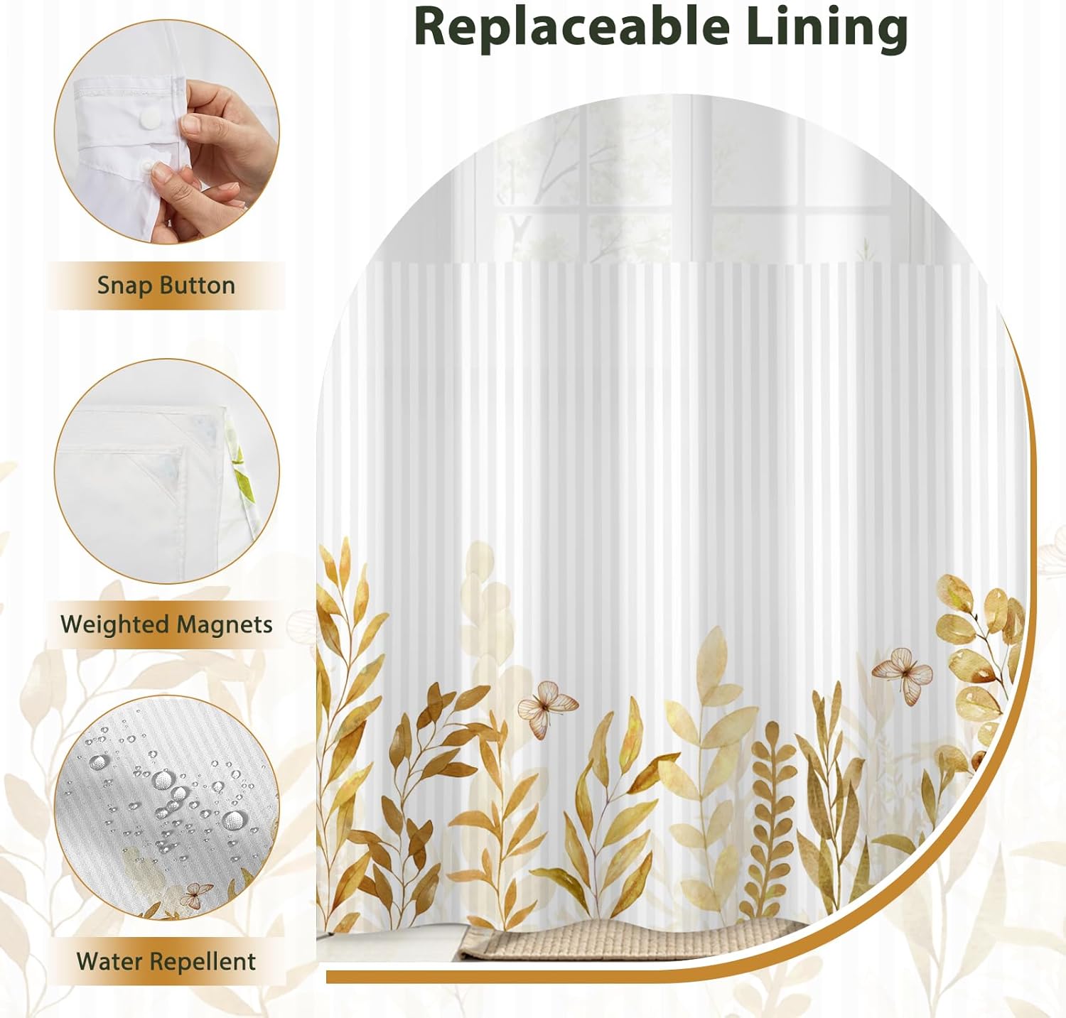 No Hook Shower Curtain with Snap in Liner, Yellow Leaves Fabric Shower Curtain Set for Bathroom, Waterproof & Washable Hotel-Quality, See Through Top Window Design, 71 x86 Inch