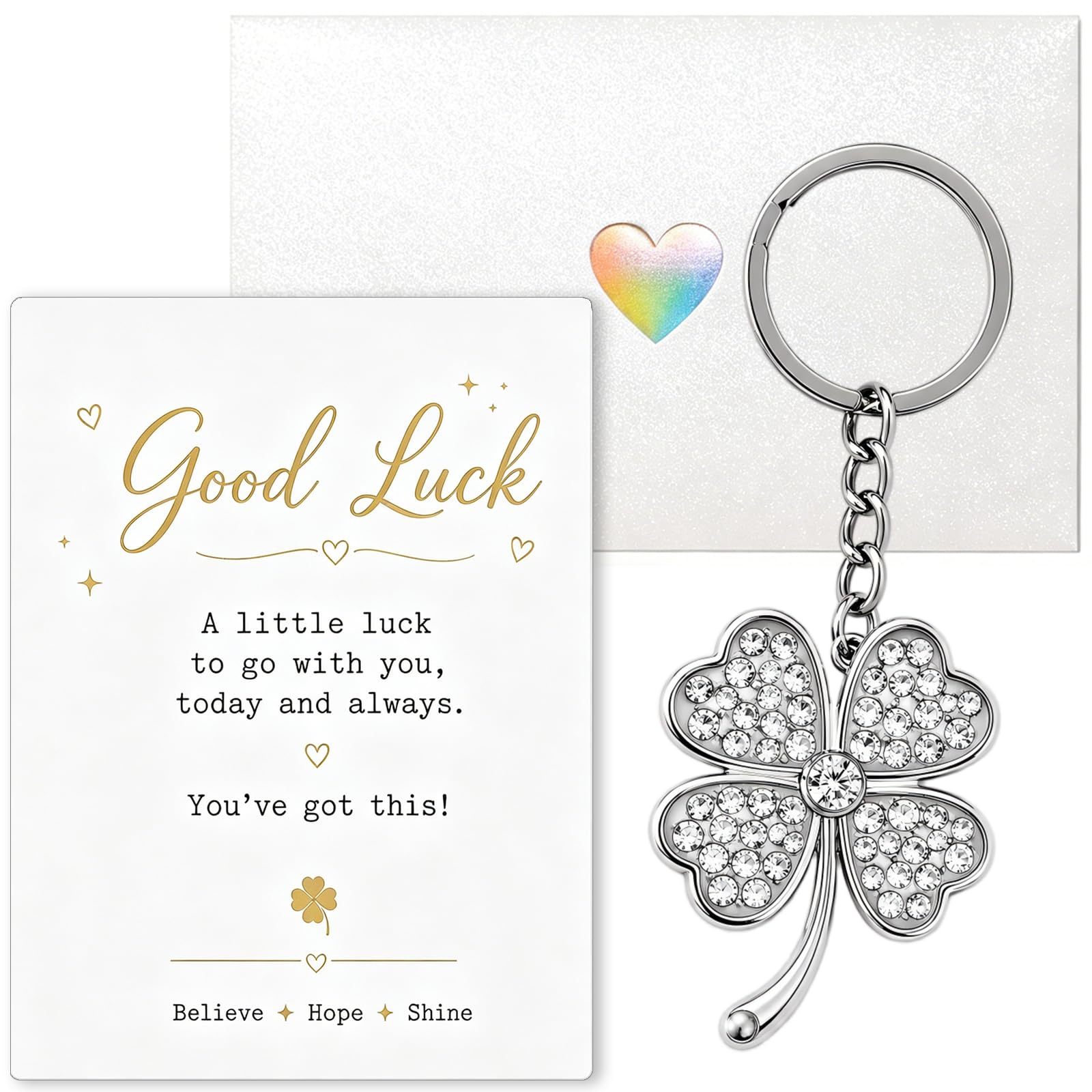 Virelle Unisex Yellow 4 Leaf Clover Good Luck Gifts Keyring For Exams New Job, Lucky Charm Keychain With Inspirational Card & White Envelope, Congrats Presents For Women Men Colleagues Graduation