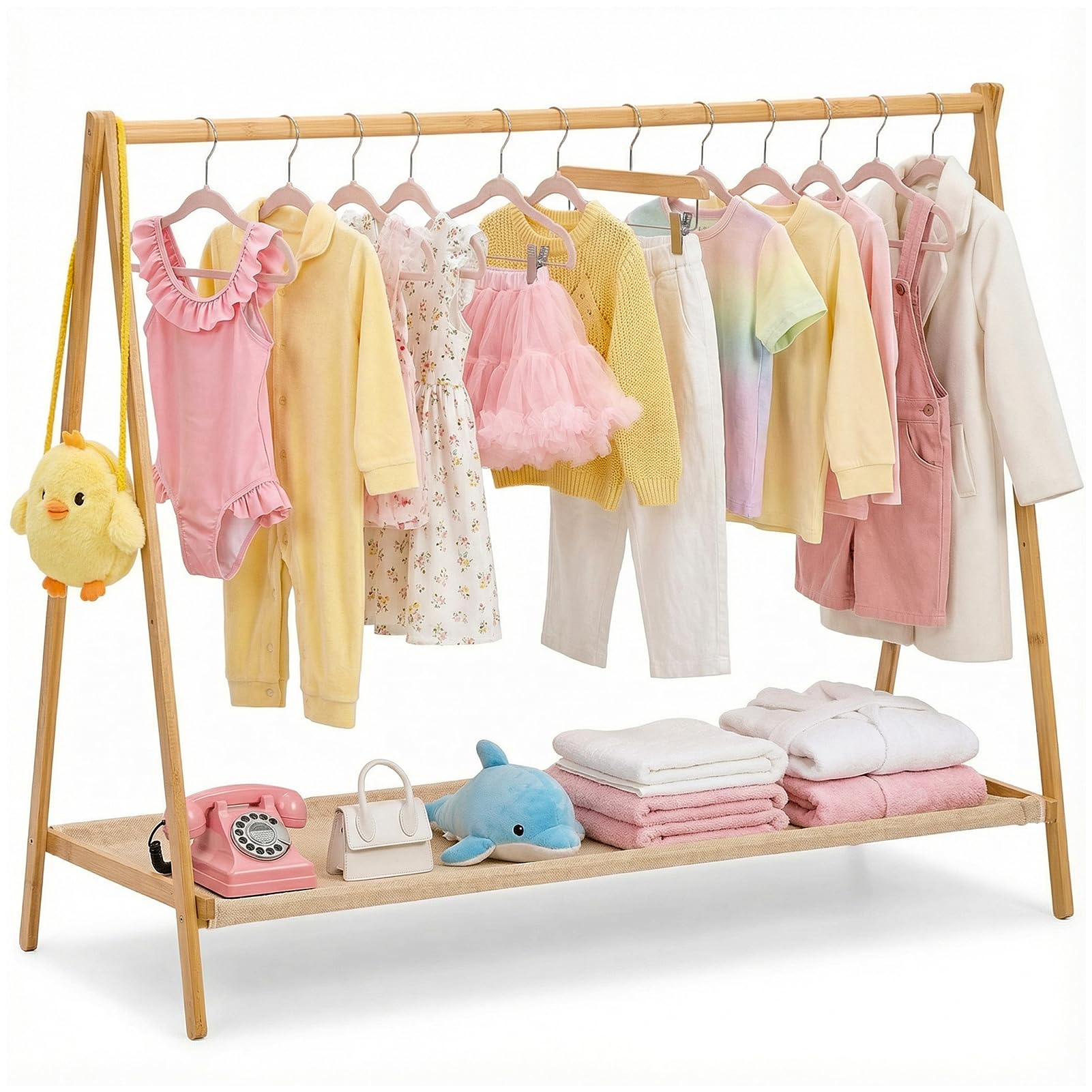 Warmiehomy Clothes Rail, Kids Wardrobe Clothing Rail Dress Up Rail, Small Childrens Clothes Rails Mini Coat Stand with Doll Storage for Bedroom, W100 x D44 x H76, Wood