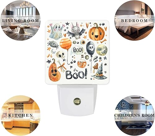 Miniatura 10 de Luz nocturna enchufable de castillo y bruja, luz nocturna automática del anochecer al amanecer, calabaza naranja, murciélagos negros, luces de noche