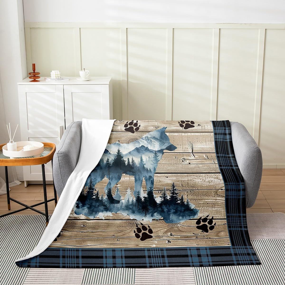 Wolf Fleece Blanket,Jungle Animal Paw Pine Trees Mount Paint Bed Blanket for Kids Teens,Rustic Farmhouse Blue Plaids Wooden Plank Flannel Blanket for Room Decor,Queen 90"x90"