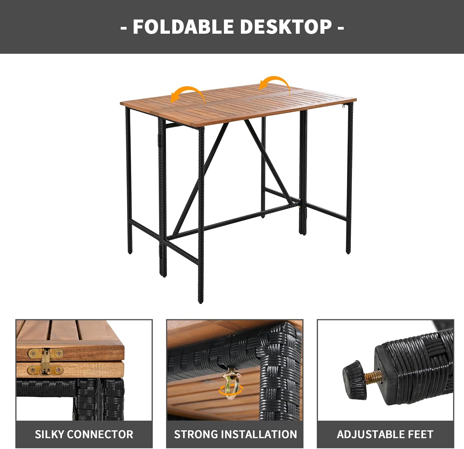 Kangmusi 10-Piece Outdoor Acacia Wood Height Table and Eight Stools with Cushions, Garden PE Rattan Wicker Dining Table, All-Weather Patio Furniture, Brown