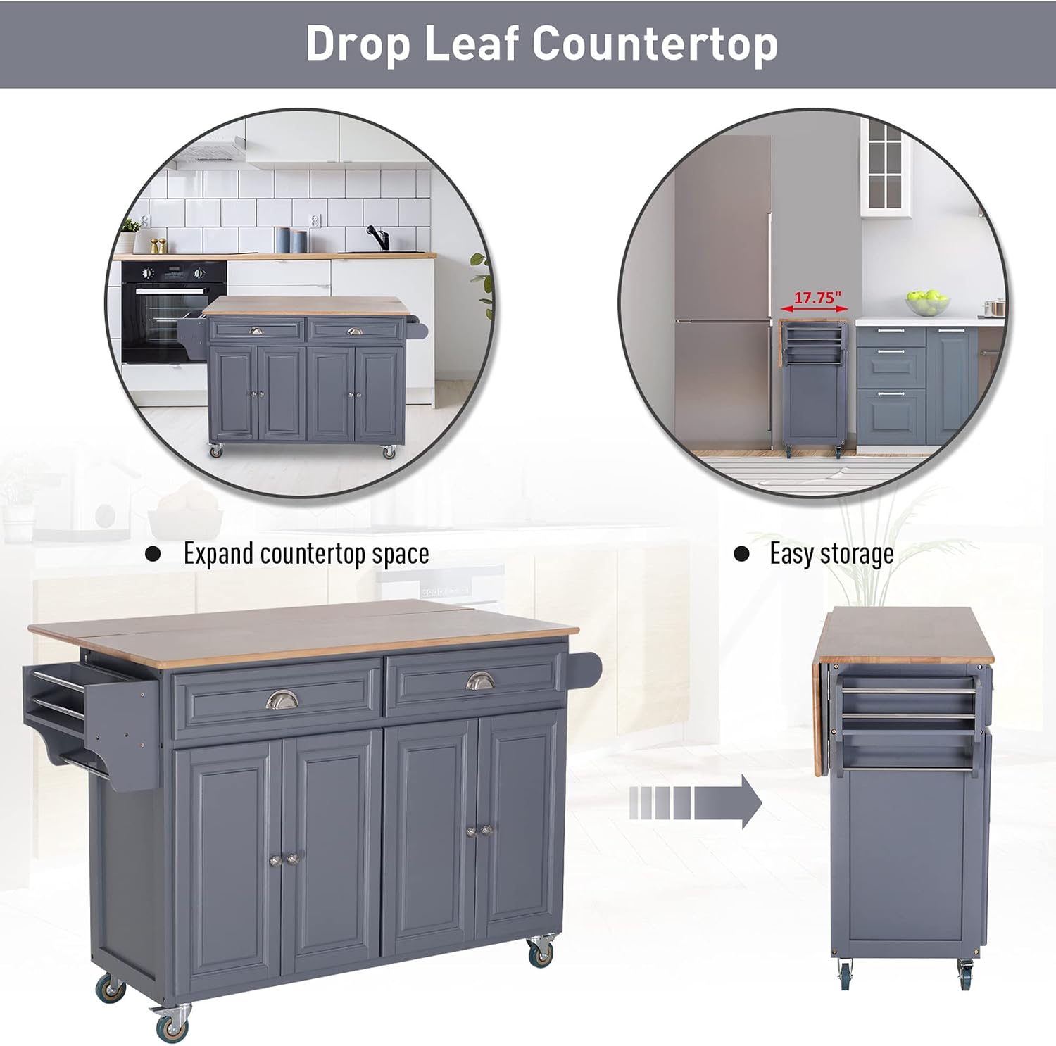 HOMCOM Rolling Kitchen Island on Wheels Ultility Cart with Drop-Leaf and Rubber Wood Countertop, Storage Drawer, Door Cabinet, Grey