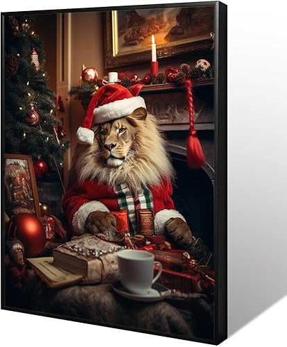 Miniatura 1 de (24 x 32 pulgadas, marco de metal negro) Mr. Lion Christmas Vacation lienzo enmarcado pintura de un divertido póster de animal para póster