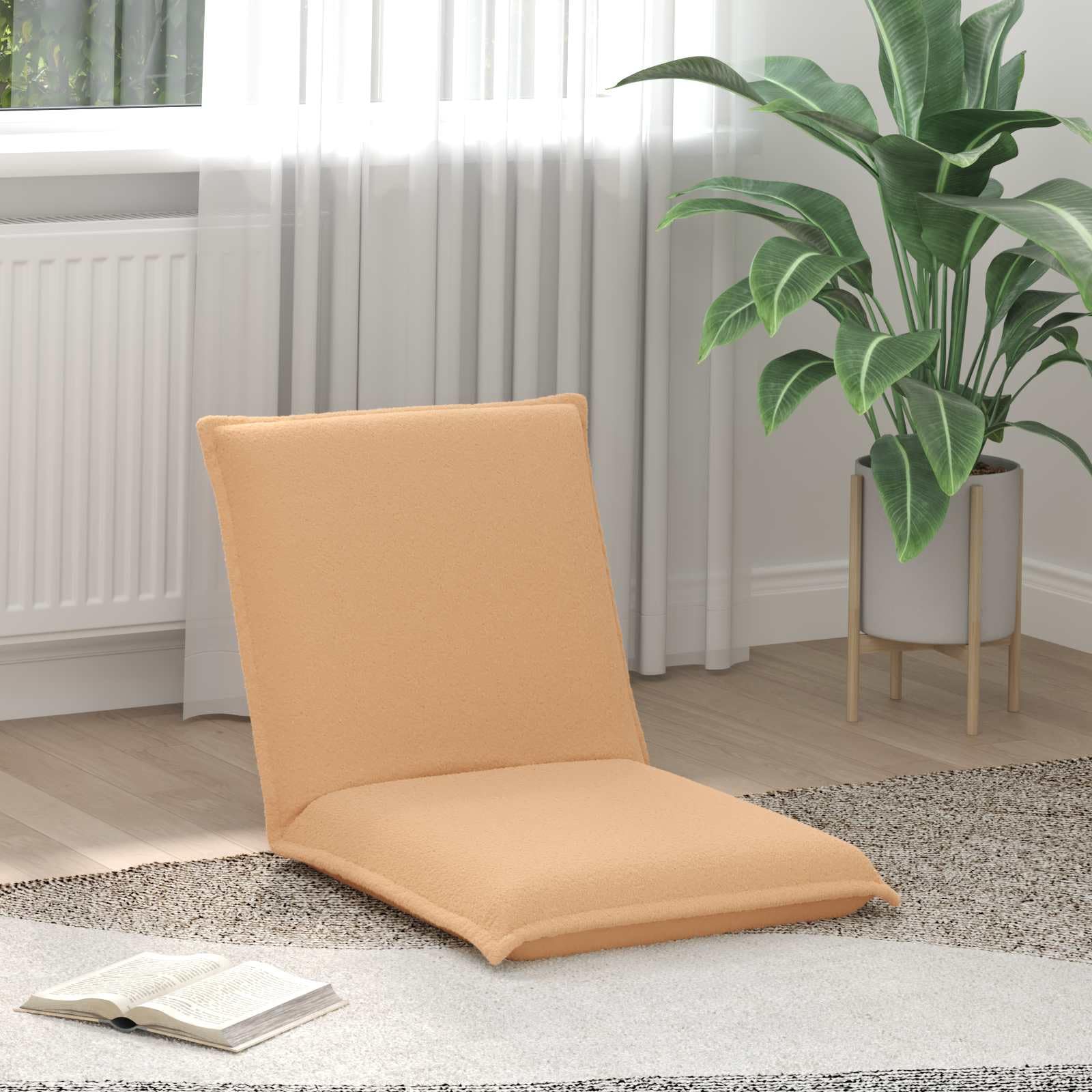 Regulowane krzesło podłogowe beżowe z materiału owczego, tapicerowane siedzisko z oparciem wielopozycyjnym, składane i ergonomiczne, idealne do salonu, sypialni, jogi i medytacji