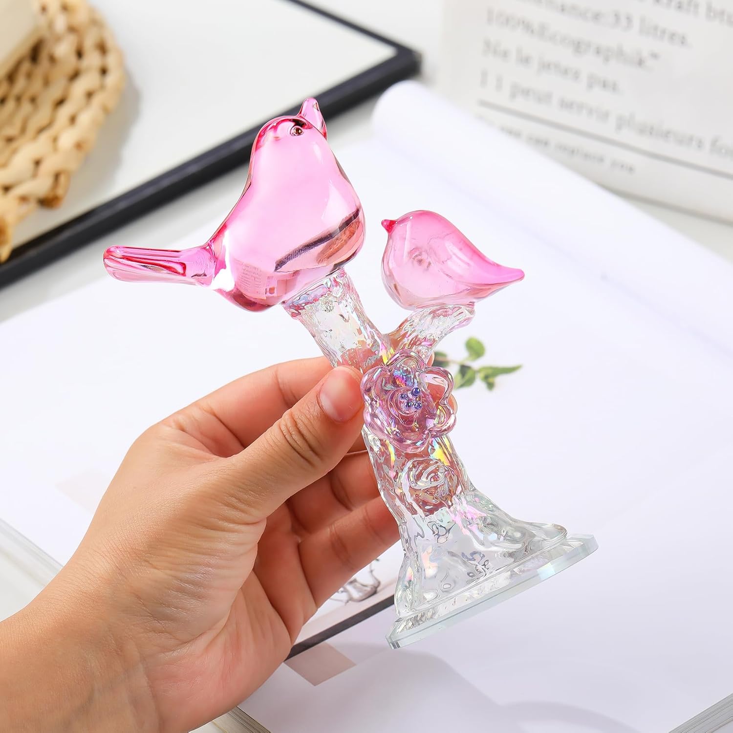 YWHL Handmade Crystal Pink Birds Figurine, Birds Gifts for Women Men Bird Lovers, Art Animal Glass Bird with Tree Stumps Collectible Figurines for Desk Table Home Office Decor - Image 4