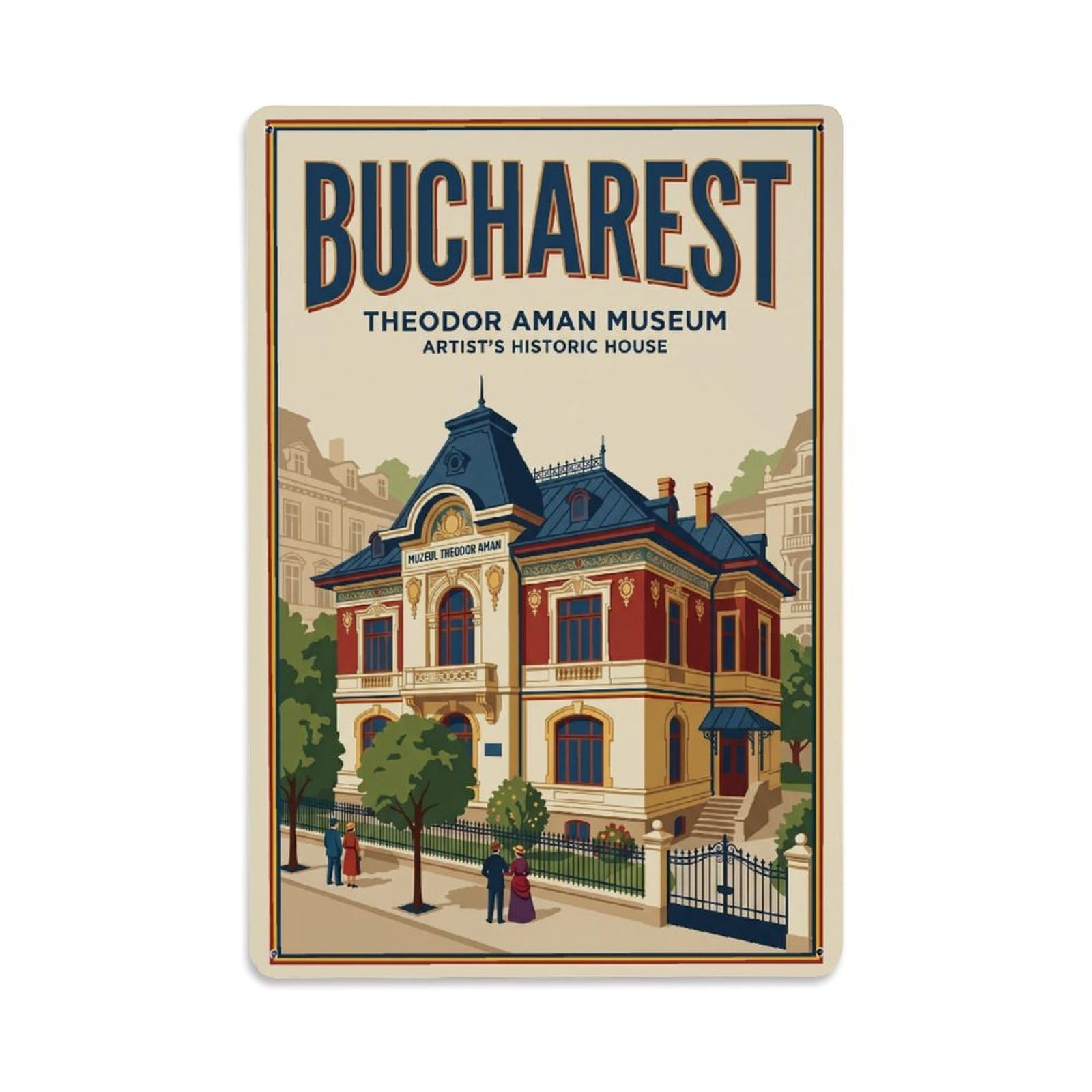 Vintage Travel Bucharest Theodor Aman Museum Clean Romania Metal Tin Sign Plaque Wall Decor for Cafe, Club Bar, Office, Home Garden Metal Poster 8x12Inch