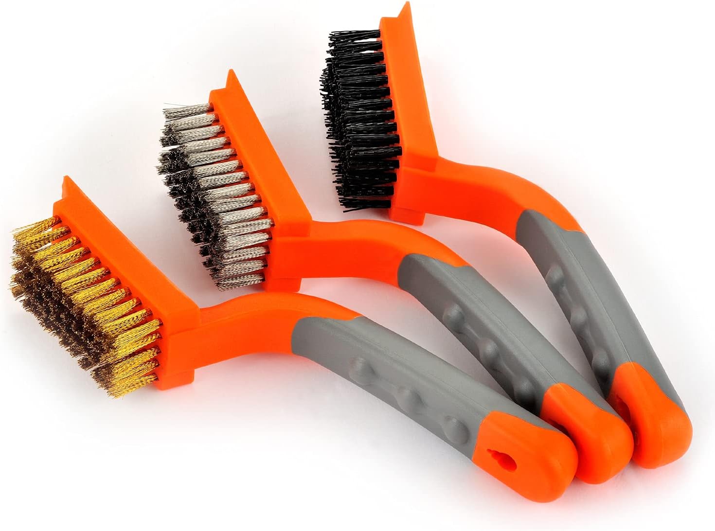 MAXMAN Wire Brush 3Pcs Brass/Stainless Steel/Nylon Wire Brushes for Cleaning Rust Bristle Brush Set with Rubber Curved Handle Grip Used for Dirt, Paint Remover (Orange+ Gray)