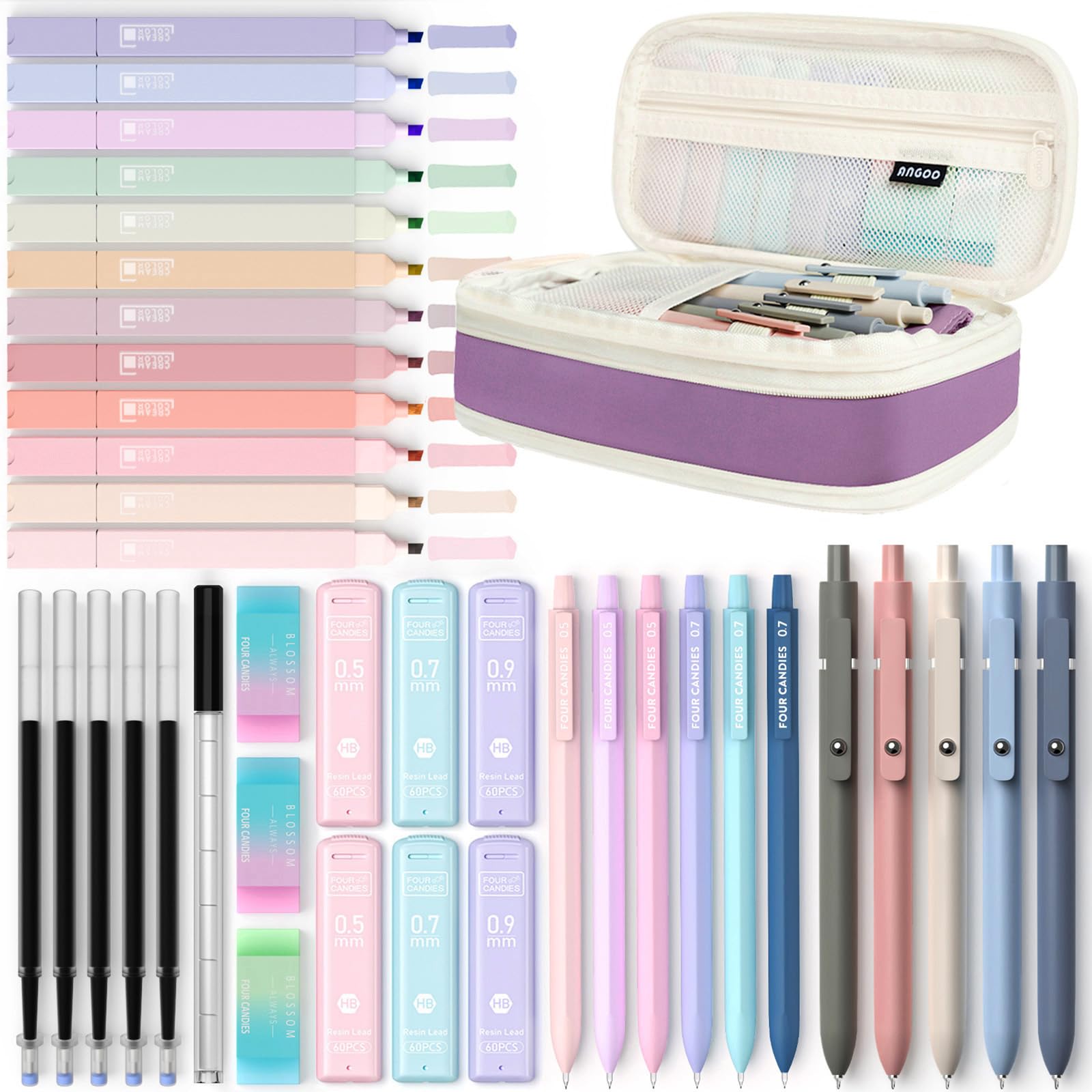 Four Candies 39 PCS Aesthetic Stationery Set including Cute Pencil Case, 12 Pastel Highlighters, 5 Black Ink Gel Pens