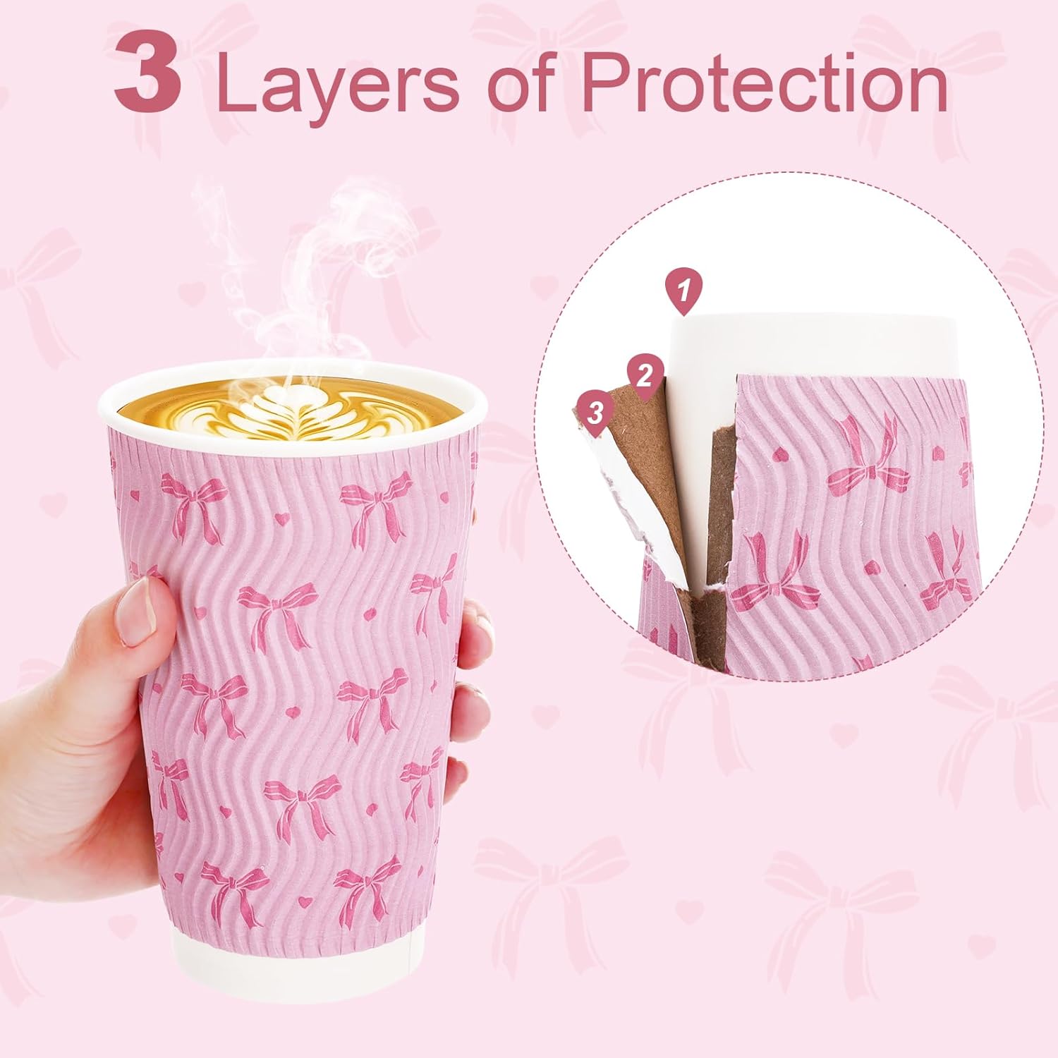 50 Set 16 Oz Pink Bow Disposable Coffee Cups with Lids and Straws Coquette Bowknot Corrugated Paper Drinking Cups for Hot Cold Drinks Birthday Baby Shower Bachelorette Party Supplies - Image 3